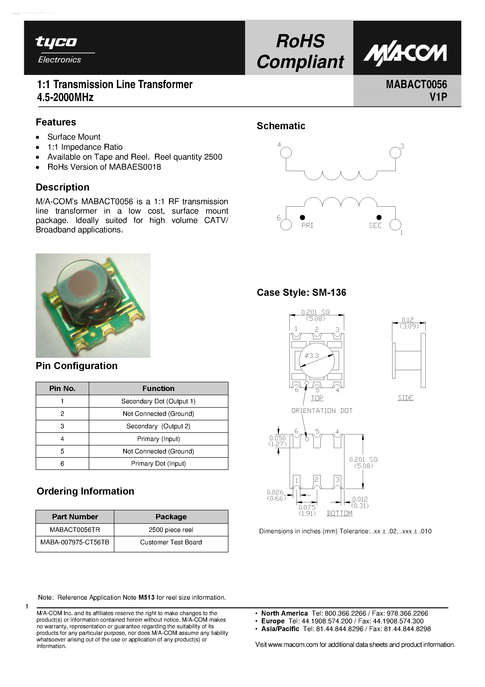 Даташит MABACT0056 - 1:1 Transmission Line Transformer страница 1