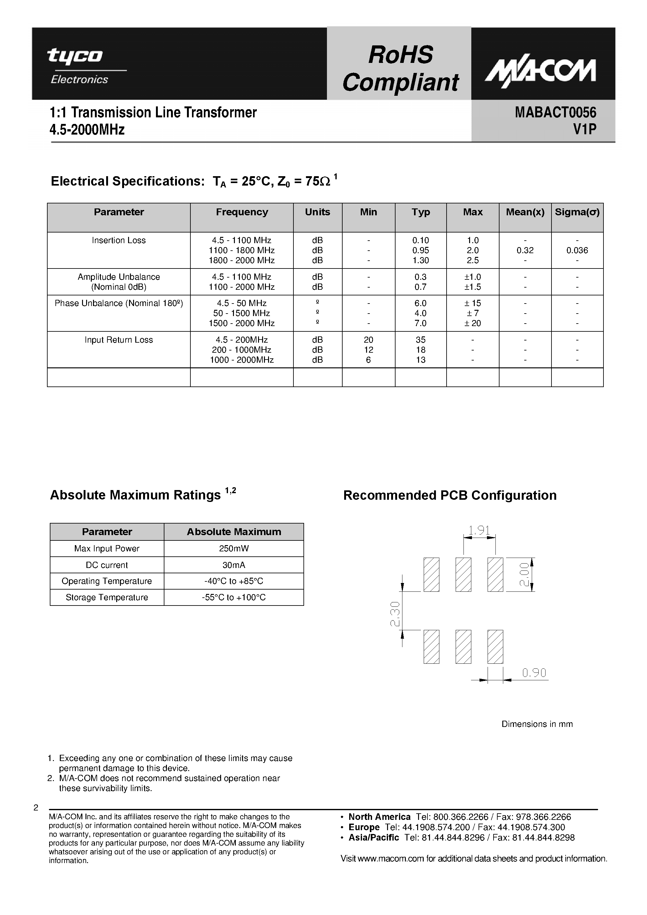 Даташит MABACT0056 - 1:1 Transmission Line Transformer страница 2