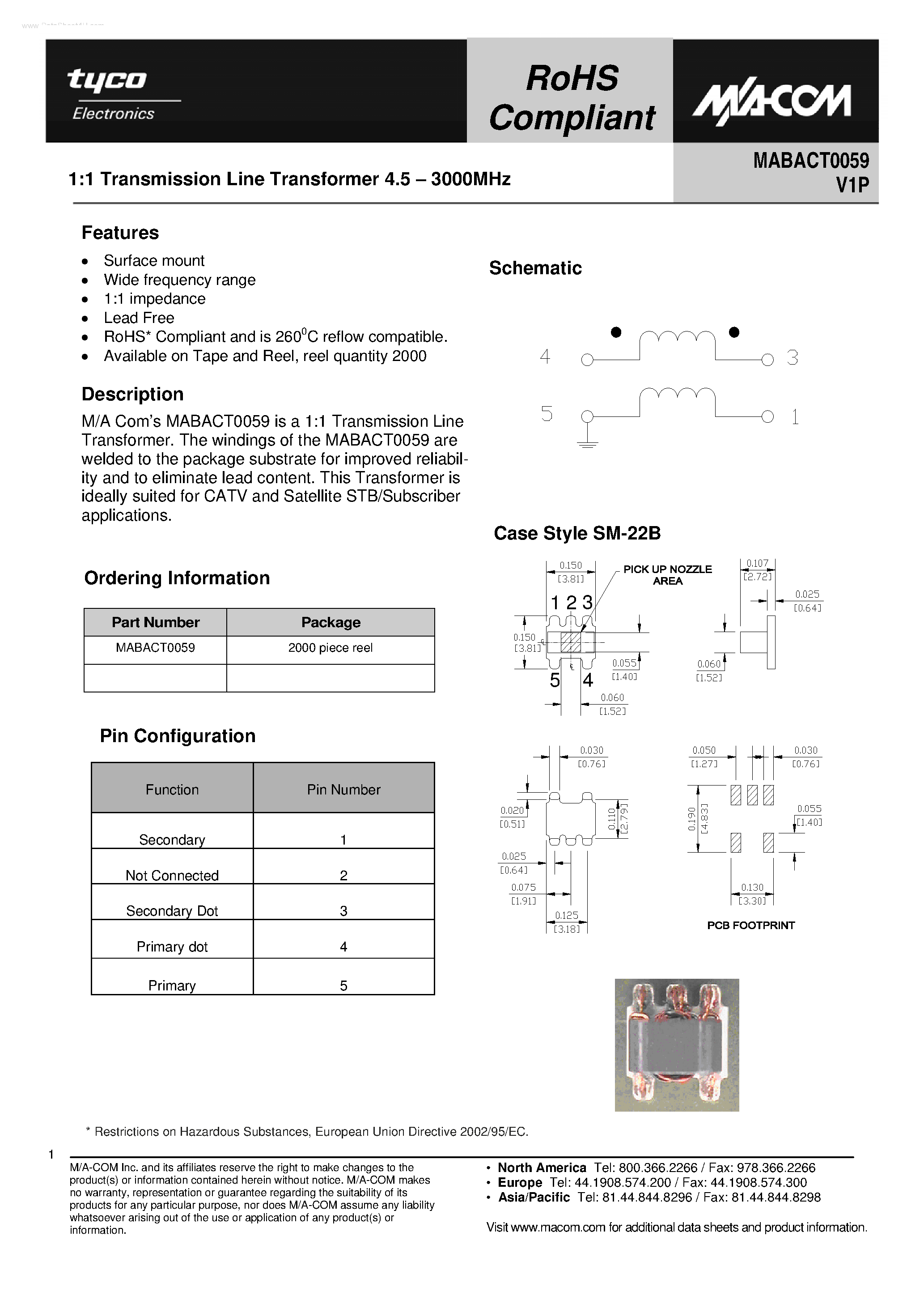 Даташит на микросхему MABACT0059 страница 1 Даташит MABACT0059 - 1:1 Transmission Line Transformer страница 1