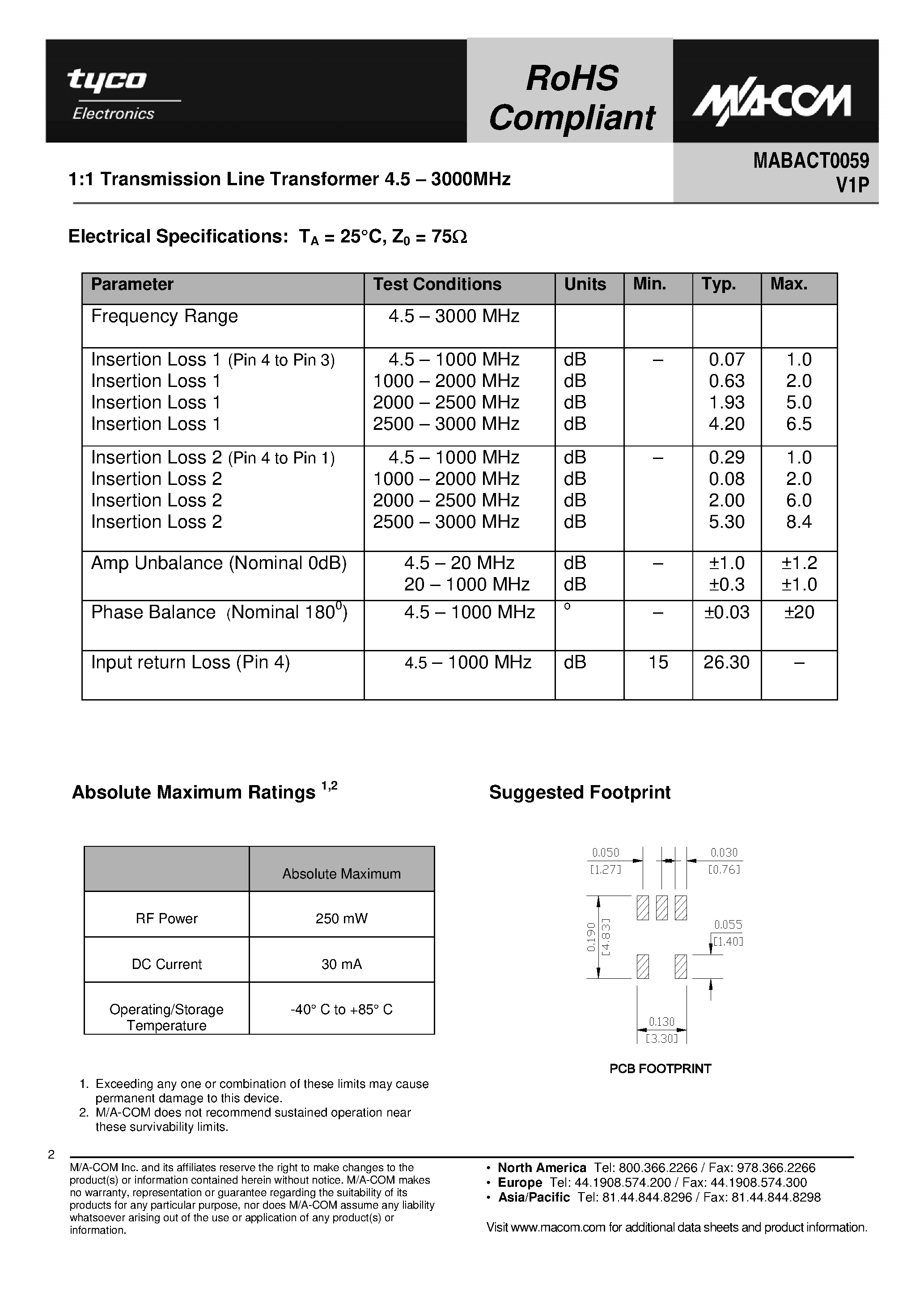 Даташит на микросхему MABACT0059 страница 2 Даташит MABACT0059 - 1:1 Transmission Line Transformer страница 2