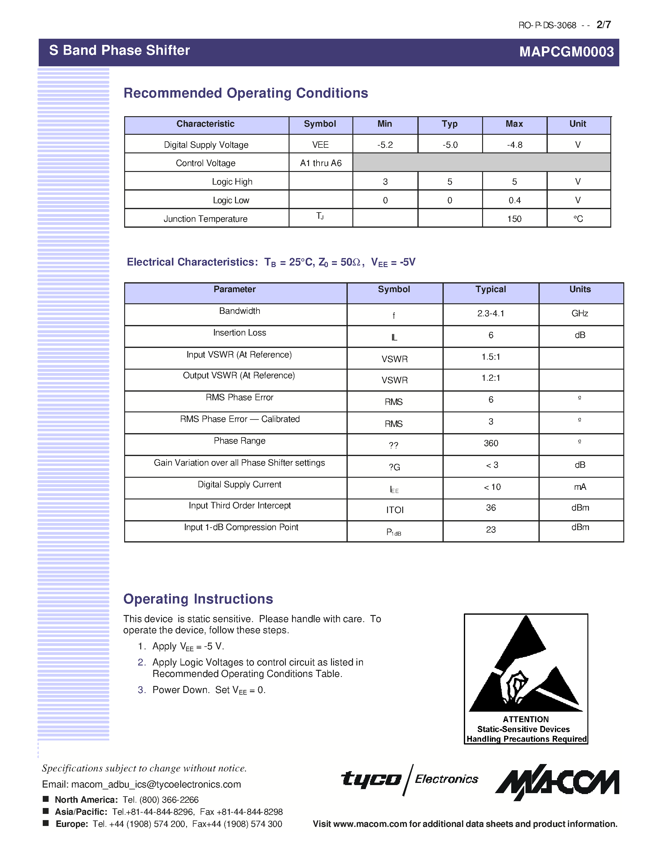 Datasheet MAPCGM0003 - S-Band Phase Shifter page 2