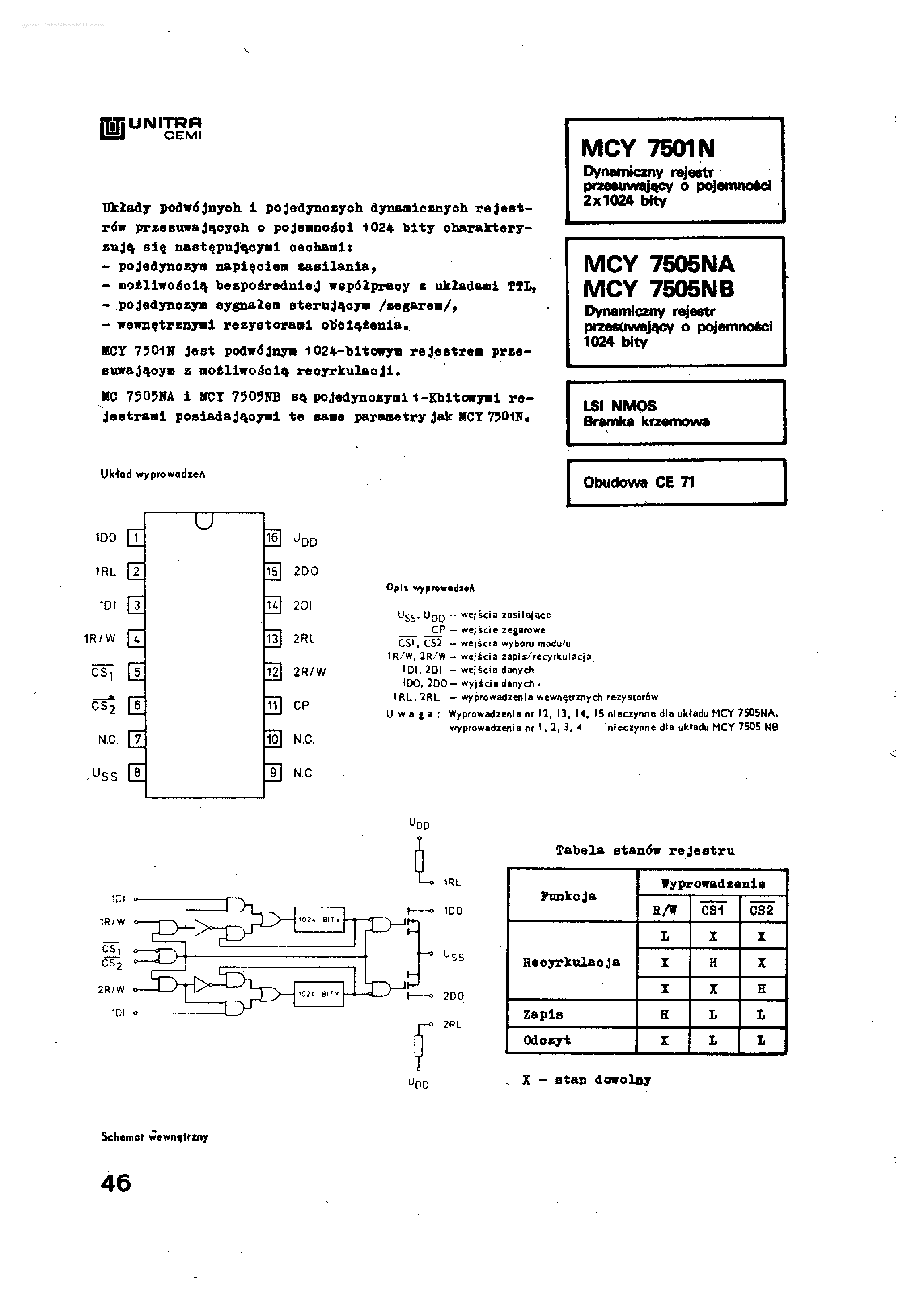 Даташит MCY7501N - (MCY7501N / MCY7505N) DYNAMICZNY REJESTR PRZESUWAJACY O POJEMNOSCL страница 1