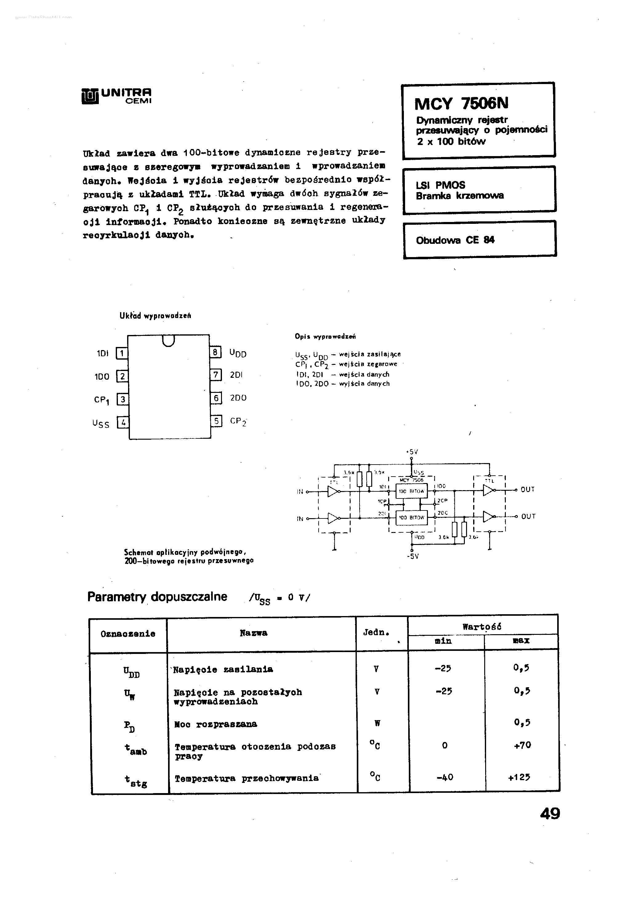 Даташит MCY7506N - DYNAMICZNY REJESTR PRZESUWAJACY O POJEMNOSCI 2 X 100 BITOW страница 1