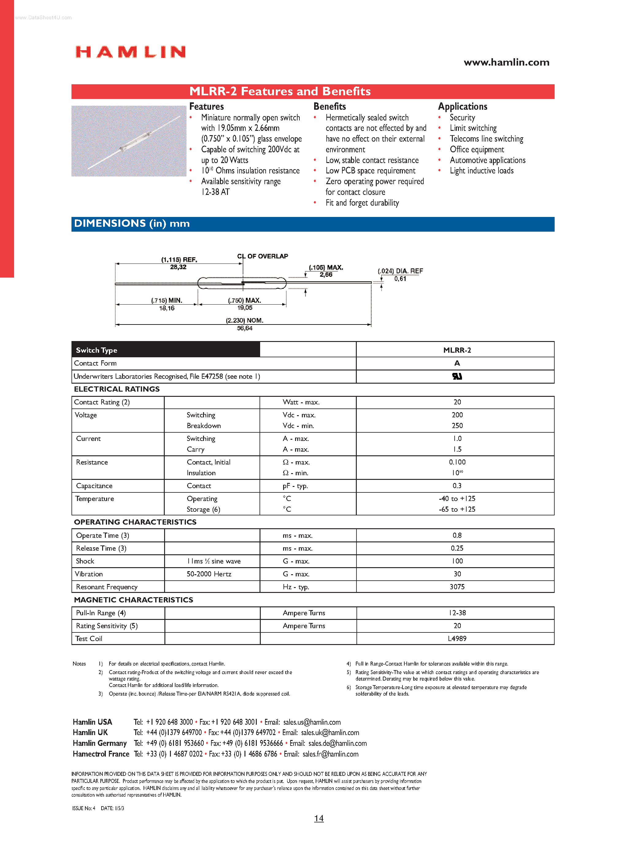 Datasheet MLRR-2 - Miniature normally open switch page 1