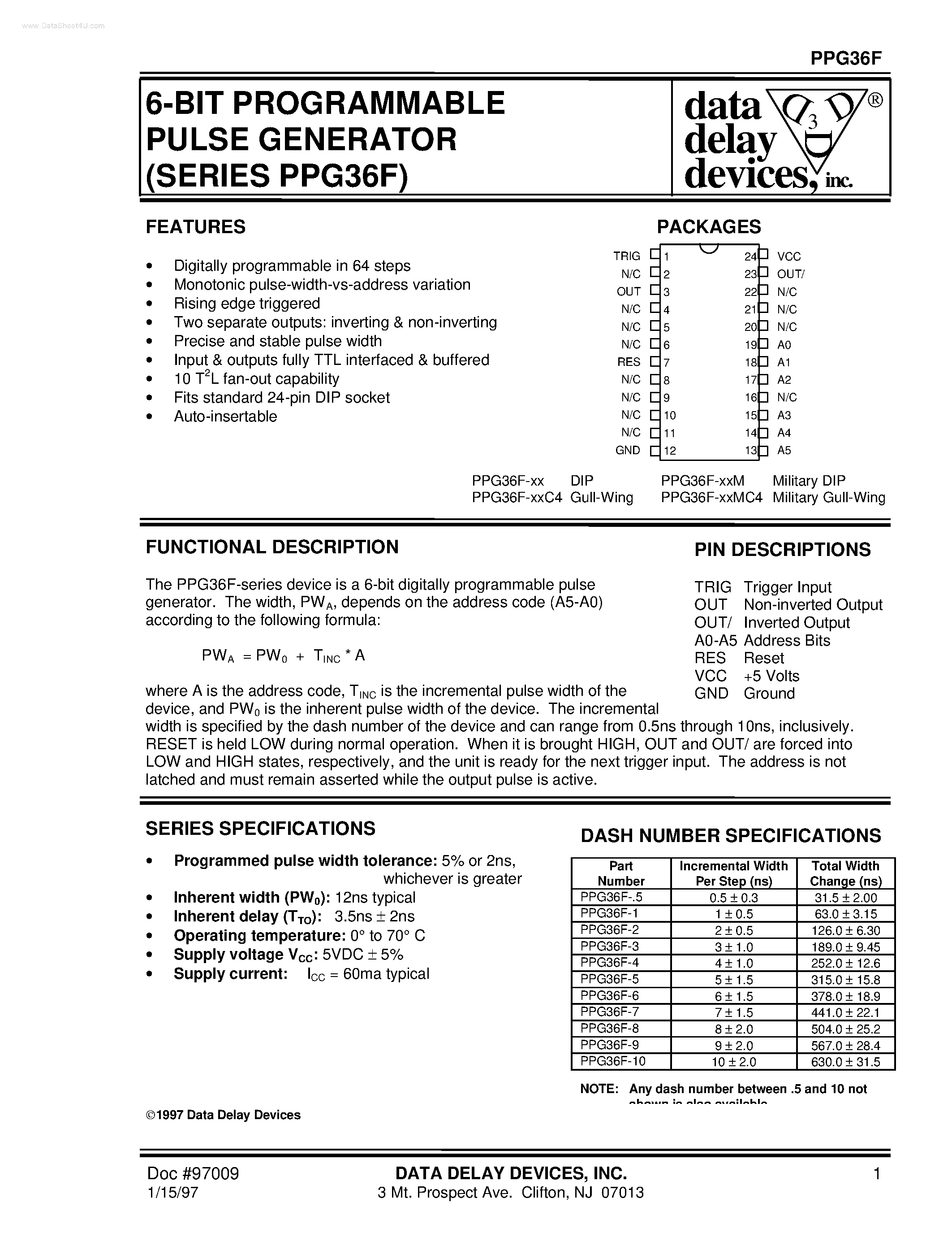 Даташит PPG36F - 6-BIT PROGRAMMABLE PULSE GENERATOR страница 1