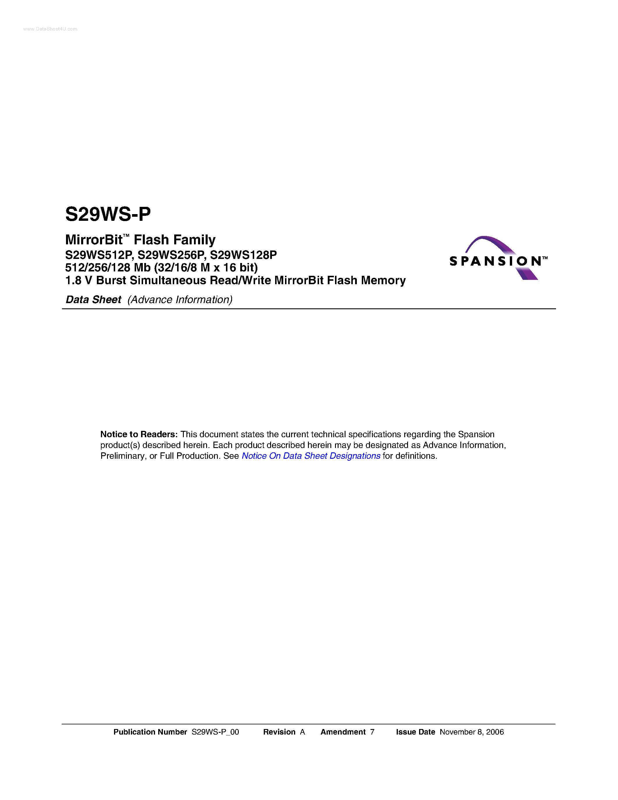 Даташит S29WS-P - Burst Simultaneous Read/Write MirrorBit Flash Memory страница 1