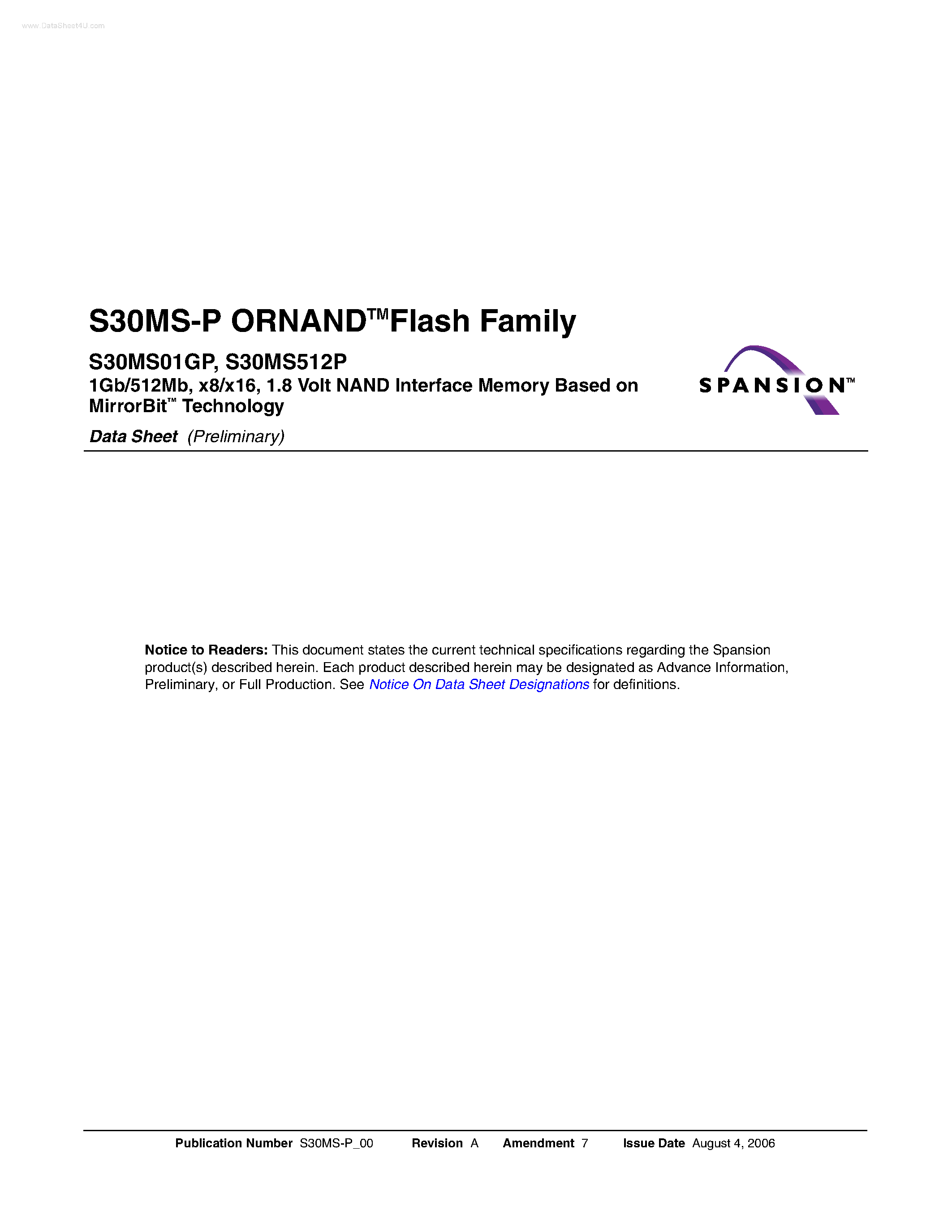 Даташит S30MS-P - NAND Interface Memory Based страница 1