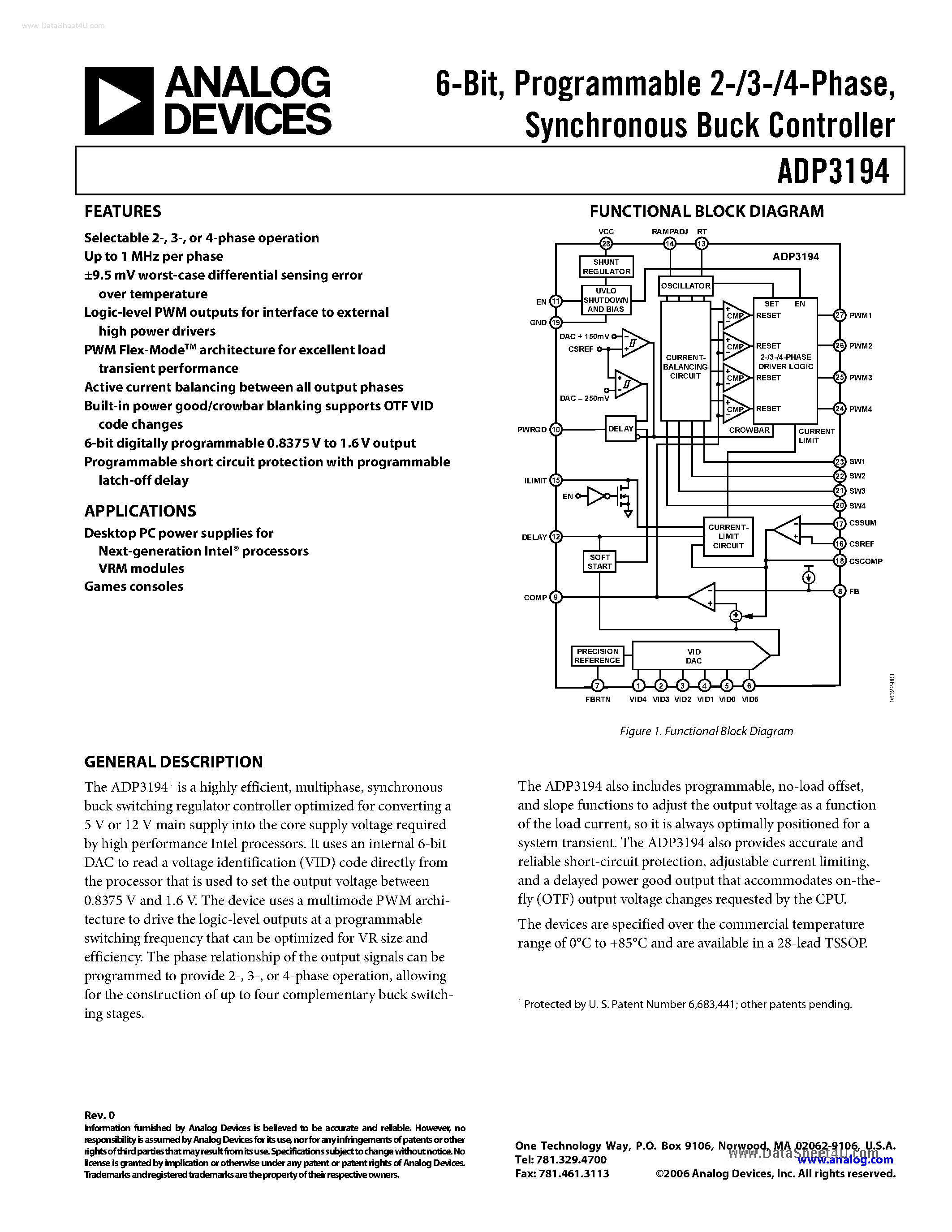 Datasheet ADP3194 - 6-Bit Synchronous Buck Controller page 1