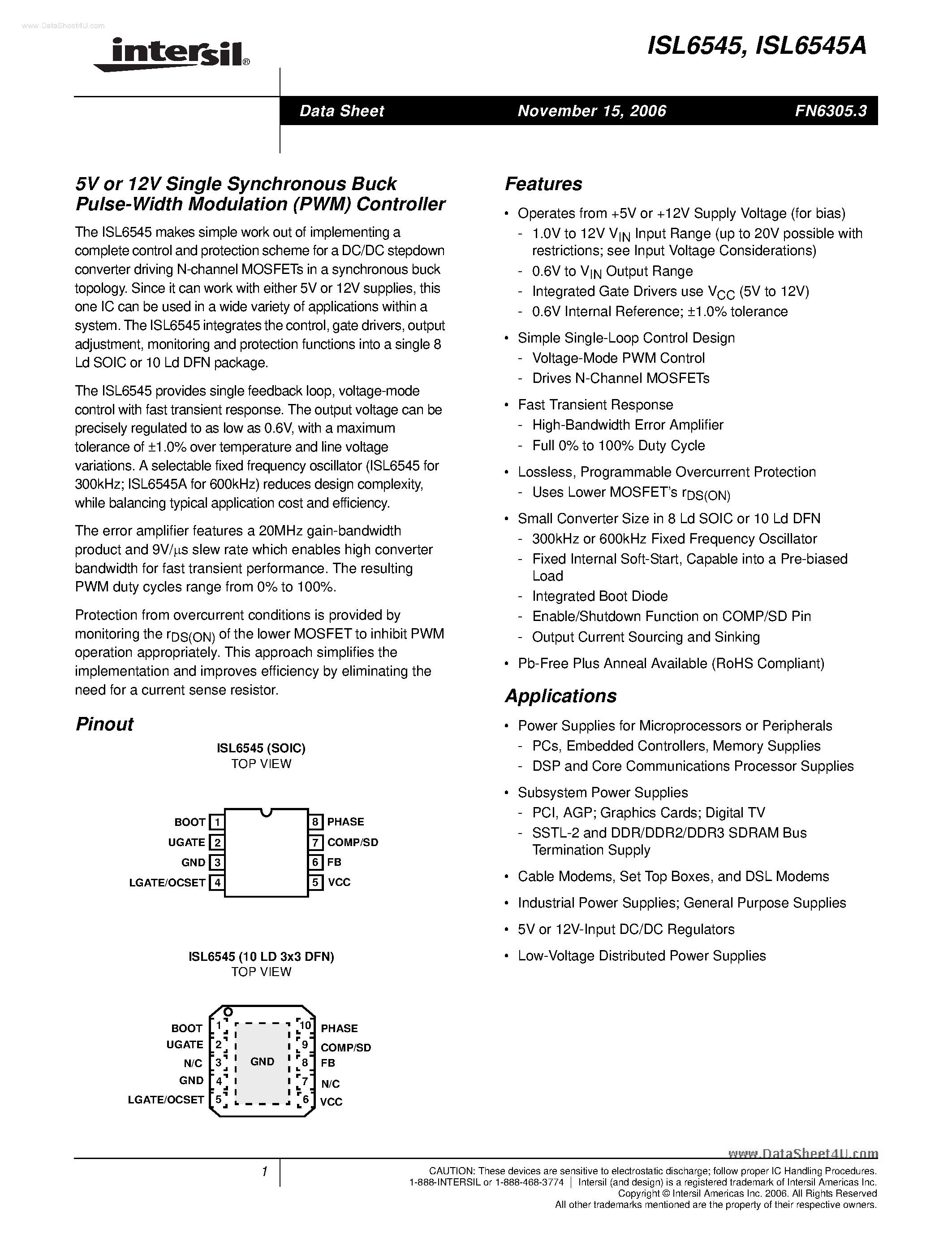 Datasheet ISL6545 page 1 Datasheet ISL6545 - Single Synchronous Buck Pulas Width MoDulation page 1