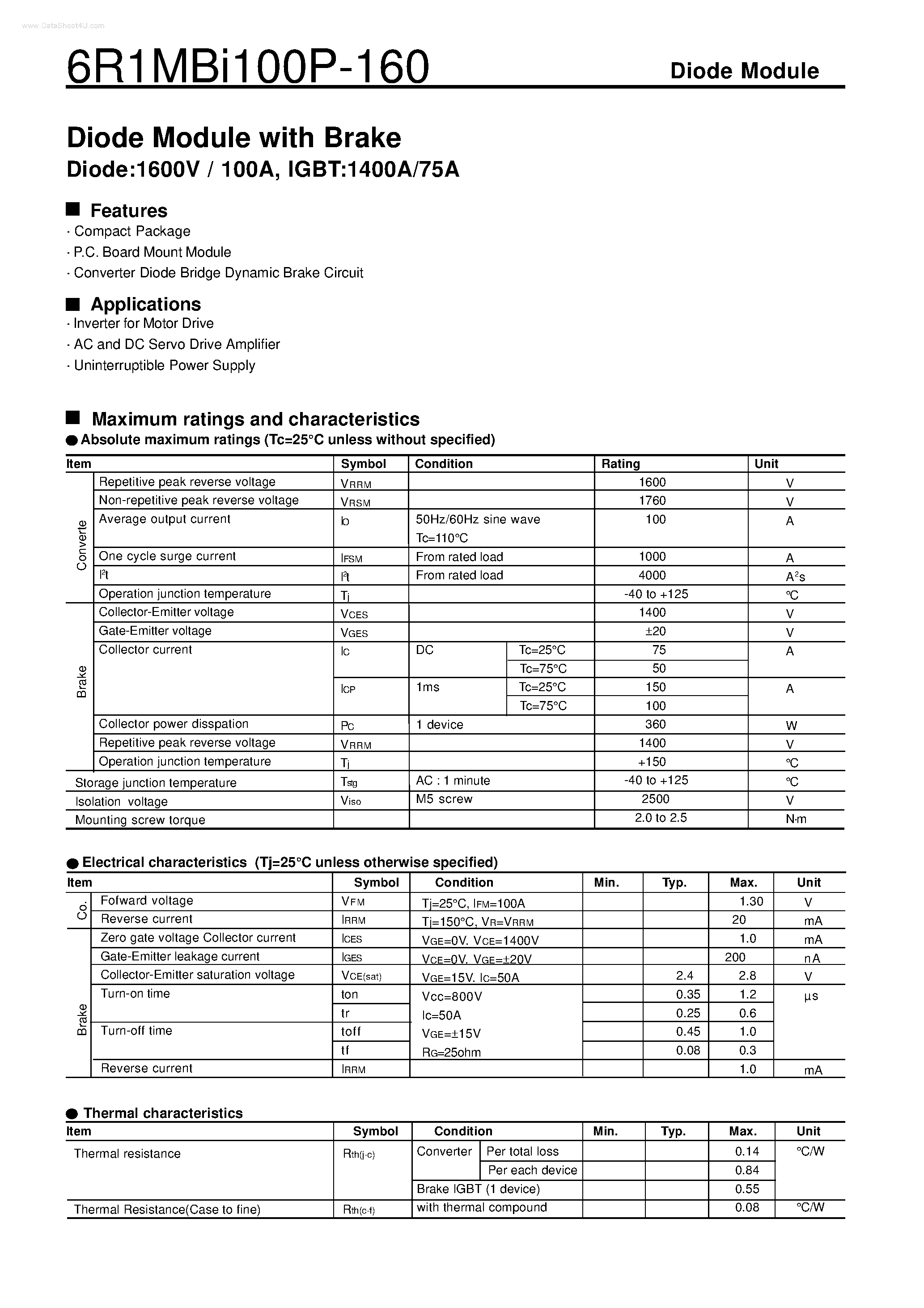 Datasheet 6R1MBI100P-160 page 1 Datasheet 6R1MBI100P-160 - Diode Module page 1