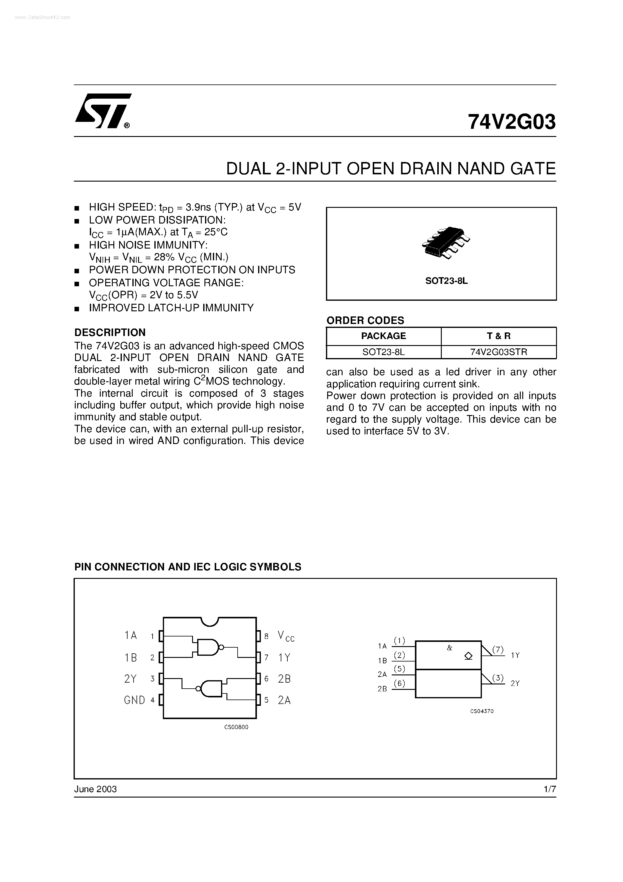 Datasheet 74V2G03 page 1 Datasheet 74V2G03 - DUAL 2-INPUT OPEN DRAIN NAND GATE page 1