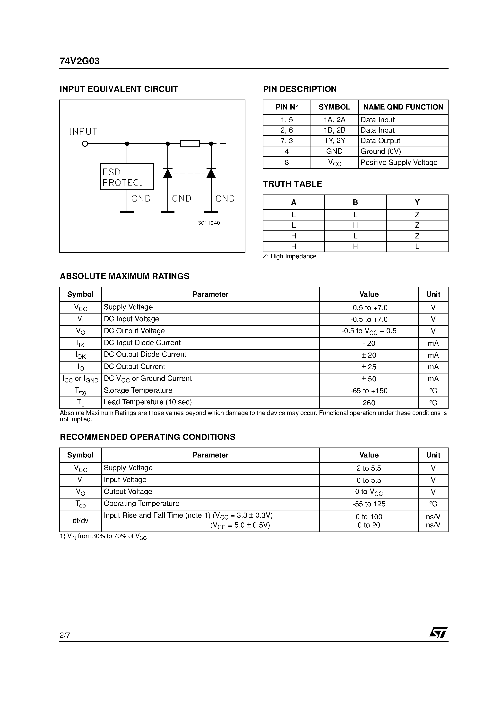 Datasheet 74V2G03 page 2 Datasheet 74V2G03 - DUAL 2-INPUT OPEN DRAIN NAND GATE page 2