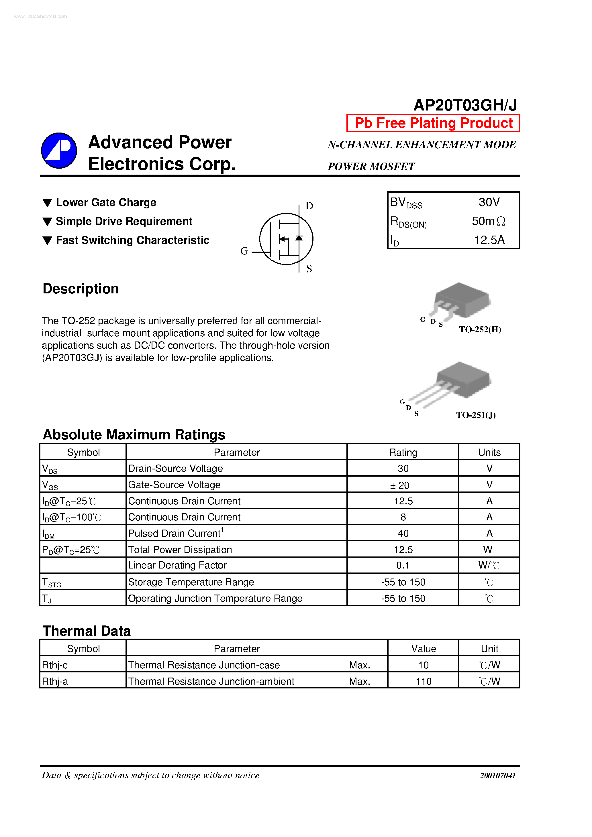 Datasheet AP20T03GH - N-CHANNEL ENHANCEMENT MODE POWER MOSFET page 1