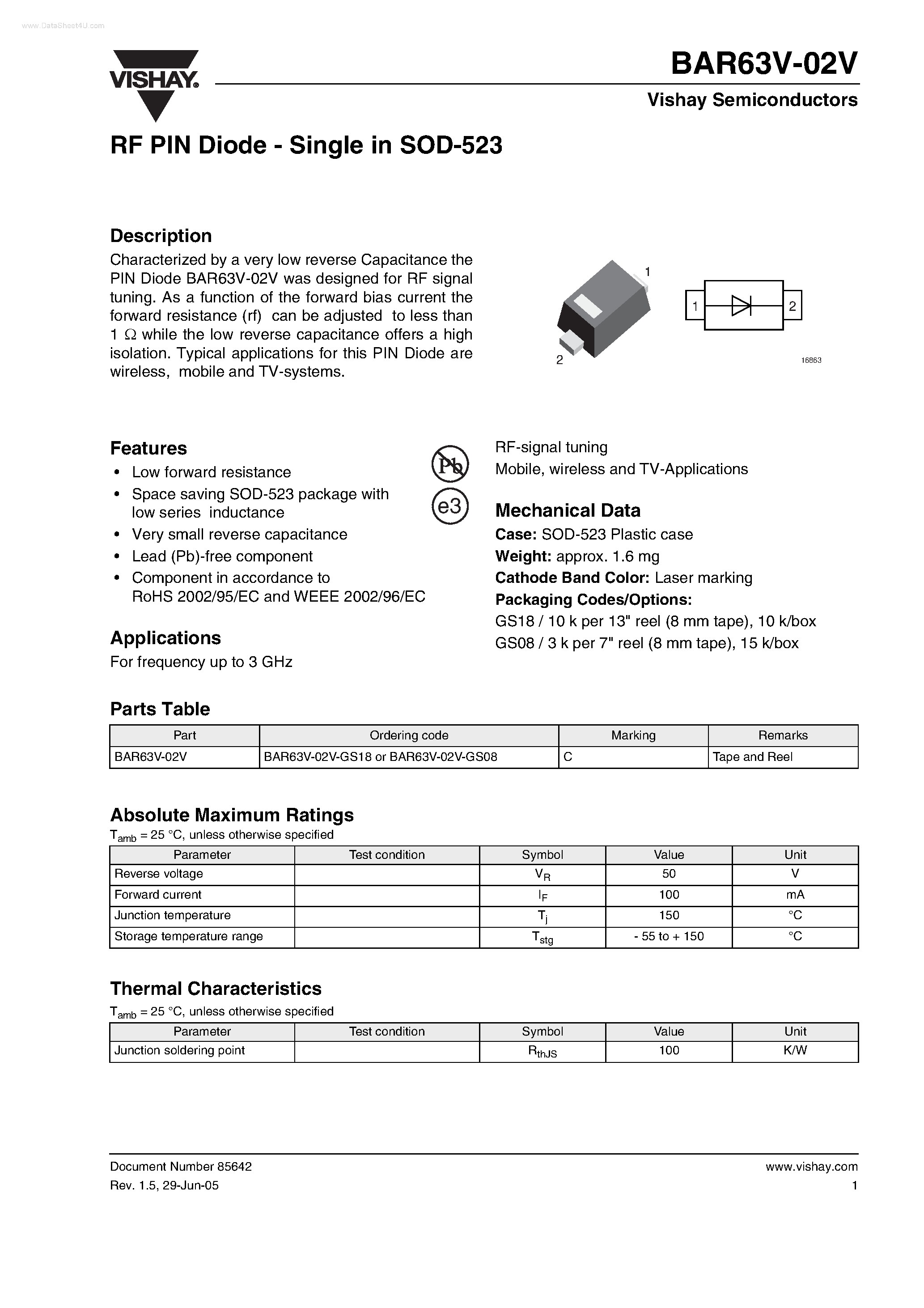 Datasheet BAR63V-02V page 1 Datasheet BAR63V-02V - RF PIN Diode page 1