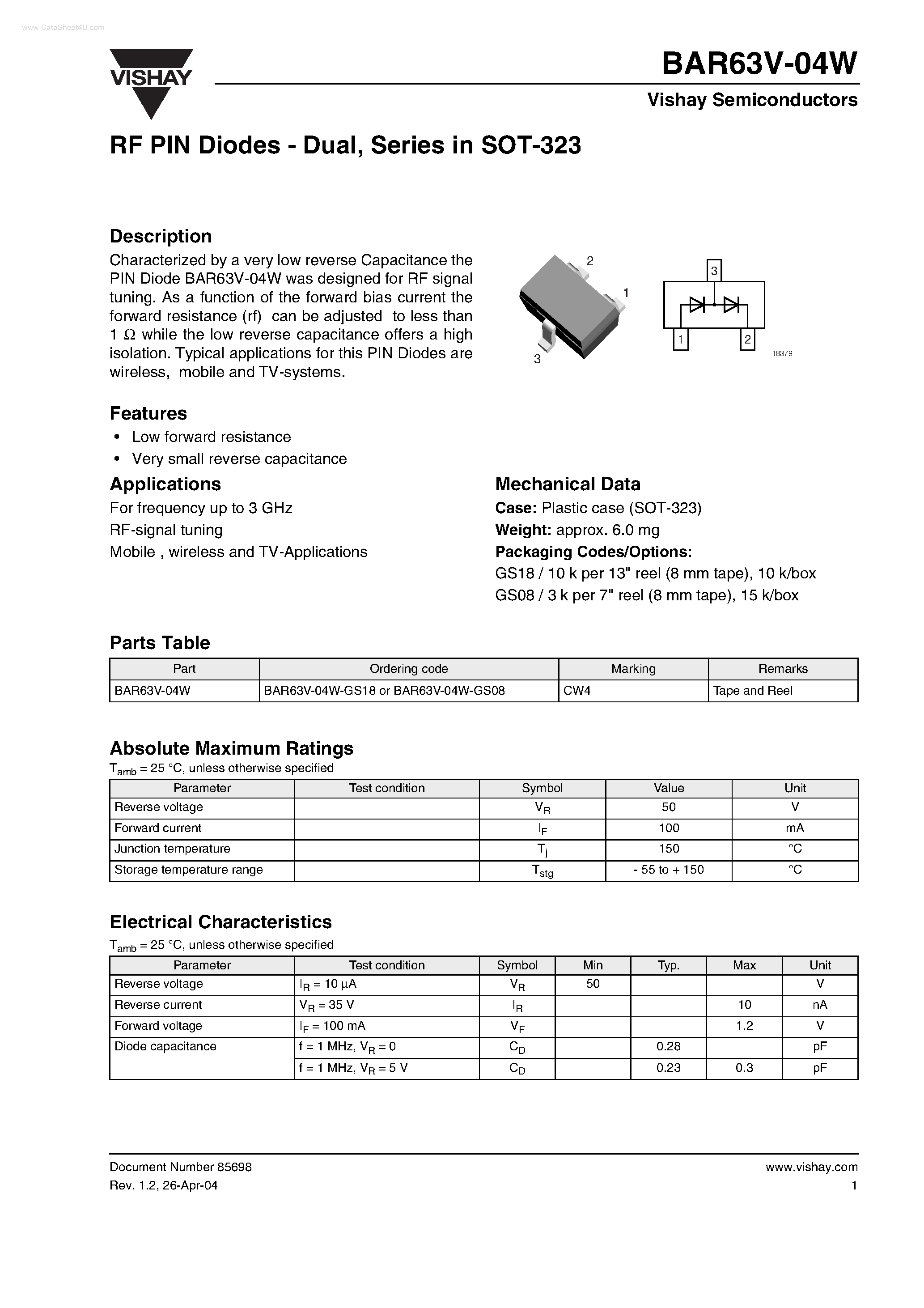 Datasheet BAR63V-04W page 1 Datasheet BAR63V-04W - RF PIN Diode page 1