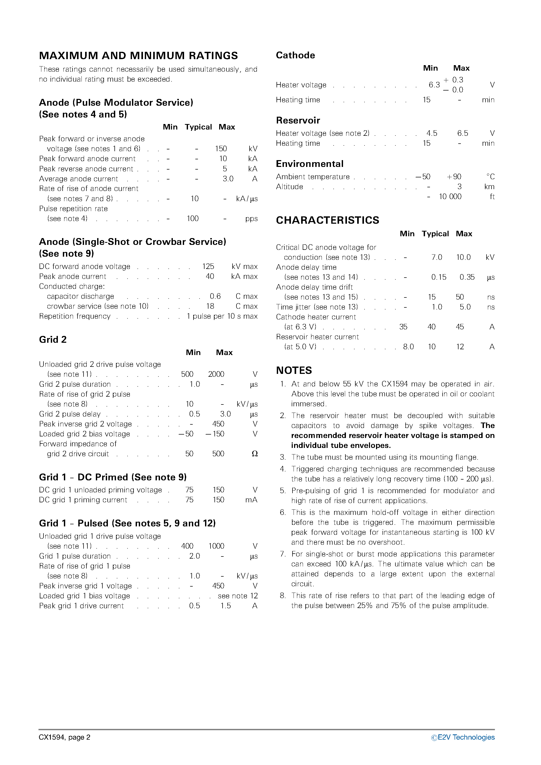 Даташит CX1594 - Five-Gap Ceramic Thyratron страница 2