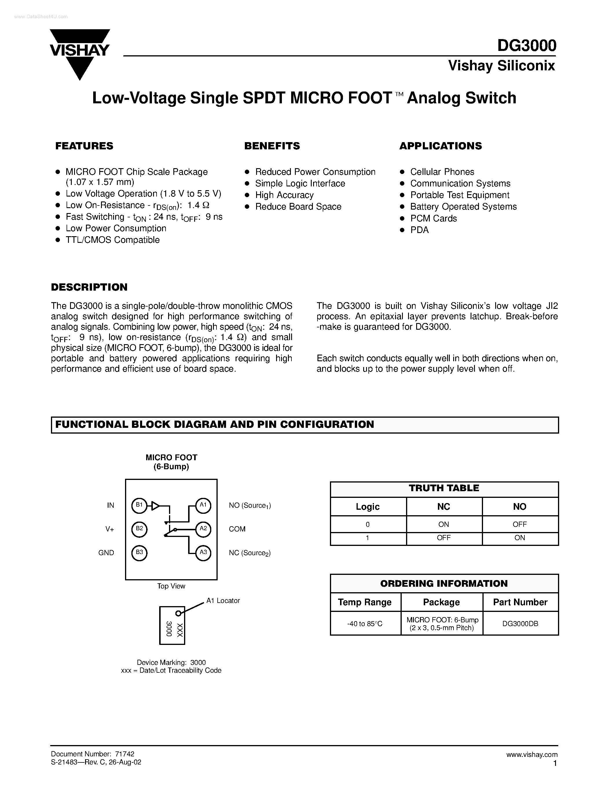 Даташит DG3000 - Low-Voltage Single SPDT MICRO FOOT Analog Switch страница 1