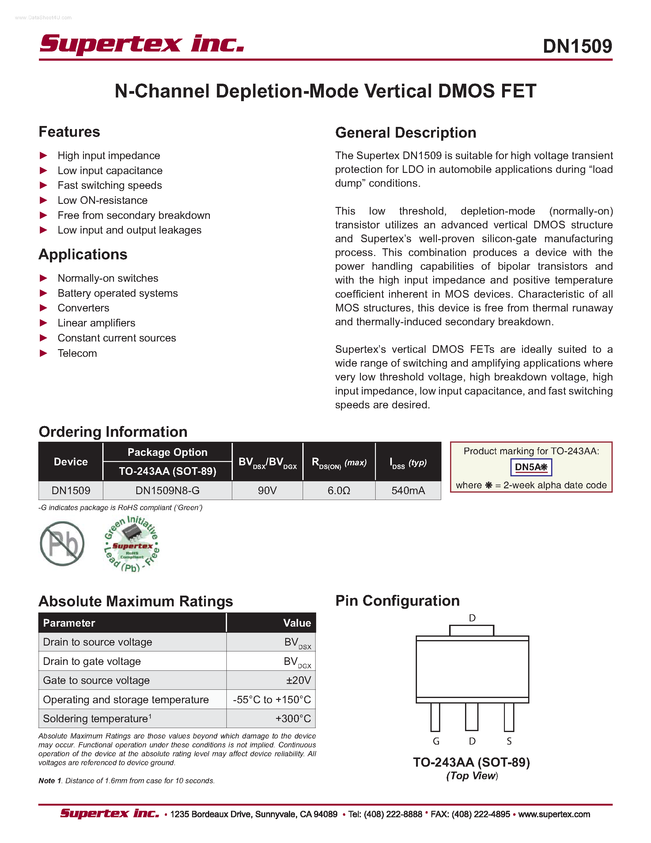 Datasheet DN1509 page 1 Datasheet DN1509 - N-Channel Depletion-Mode Vertical DMOS FET page 1