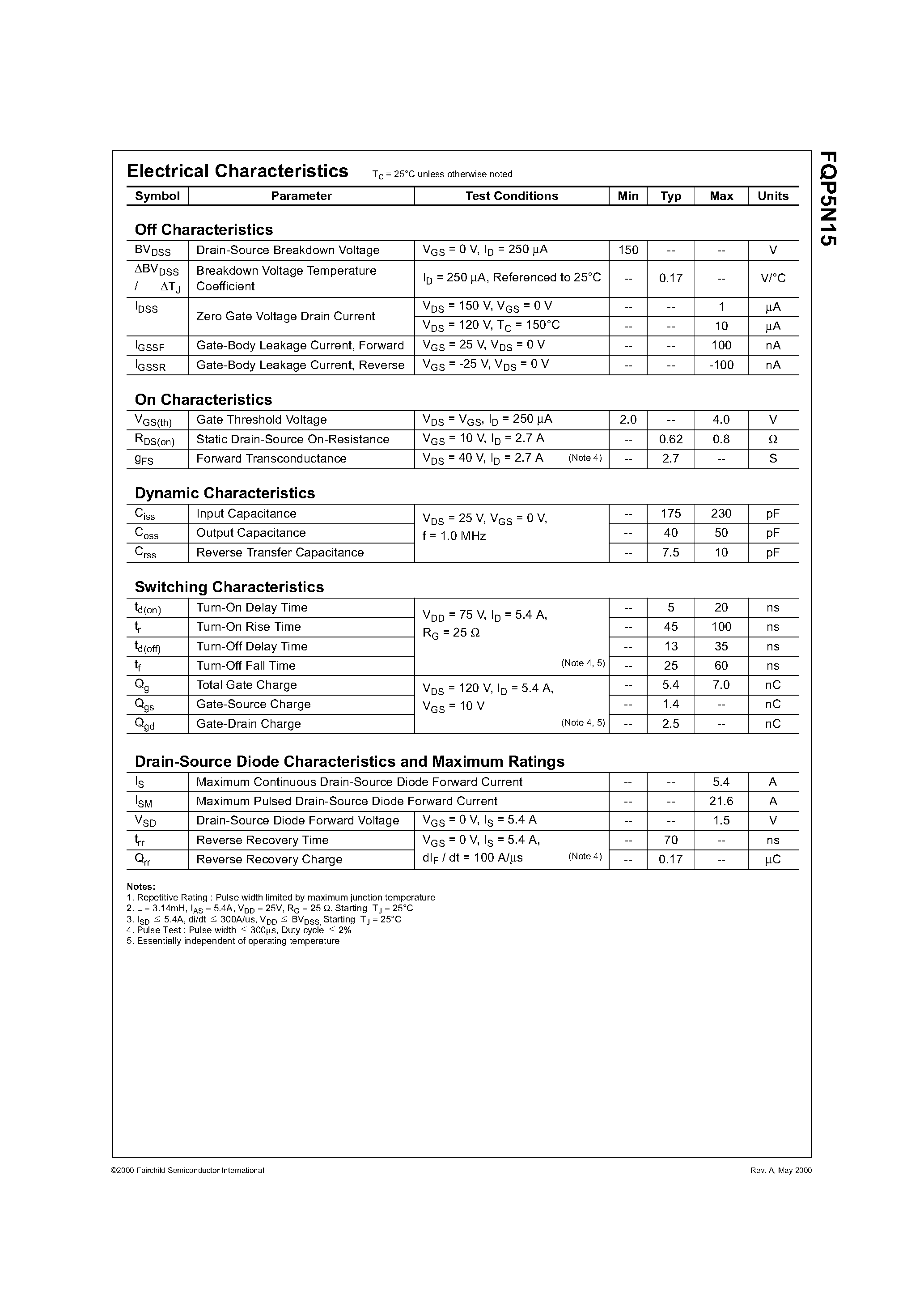 Datasheet FQP5N15 page 2 Datasheet FQP5N15 - N-CHANNEL MOSFET page 2
