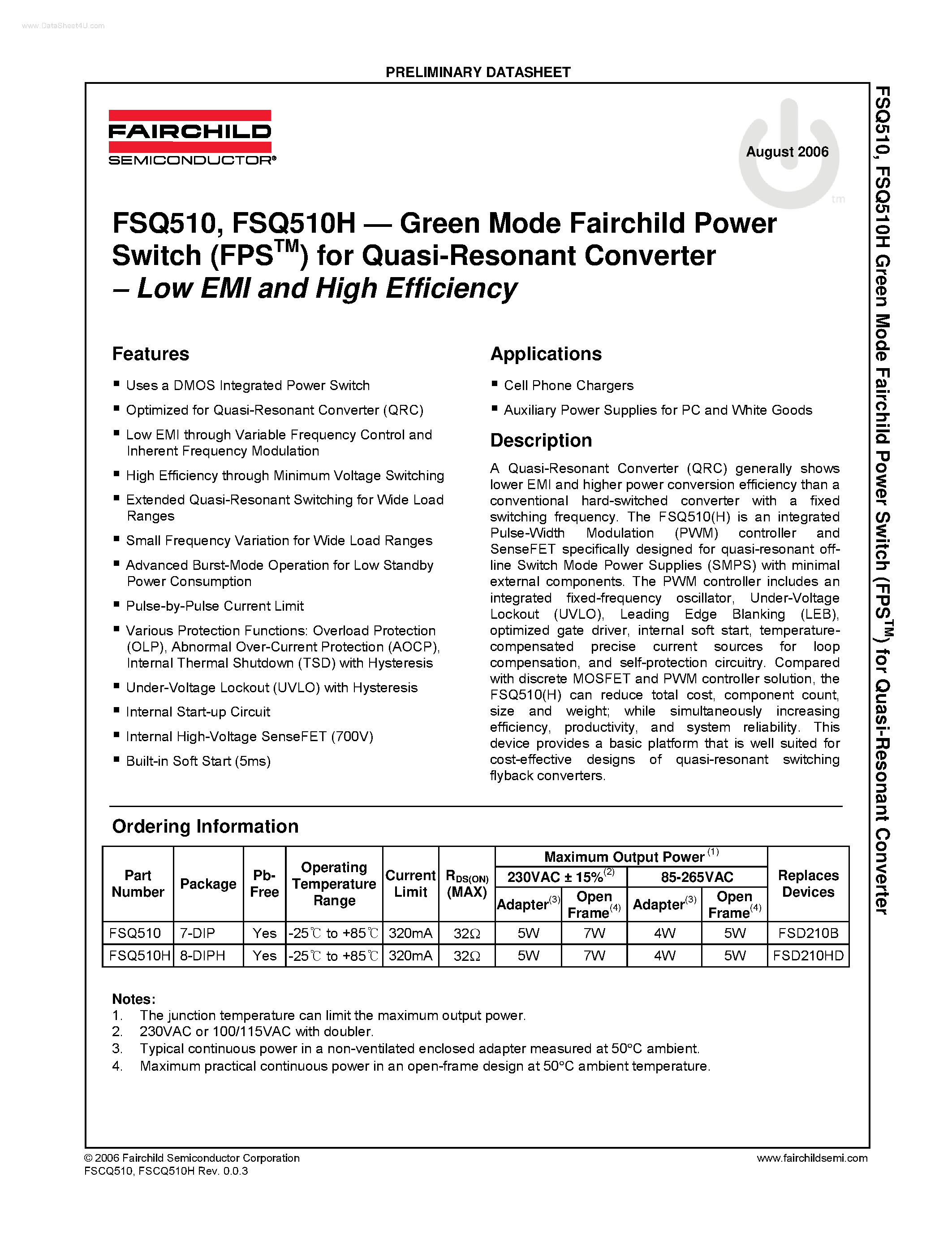 Даташит на микросхему FSQ510 страница 1 Даташит FSQ510 - Green Mode Fairchild Power Switch страница 1