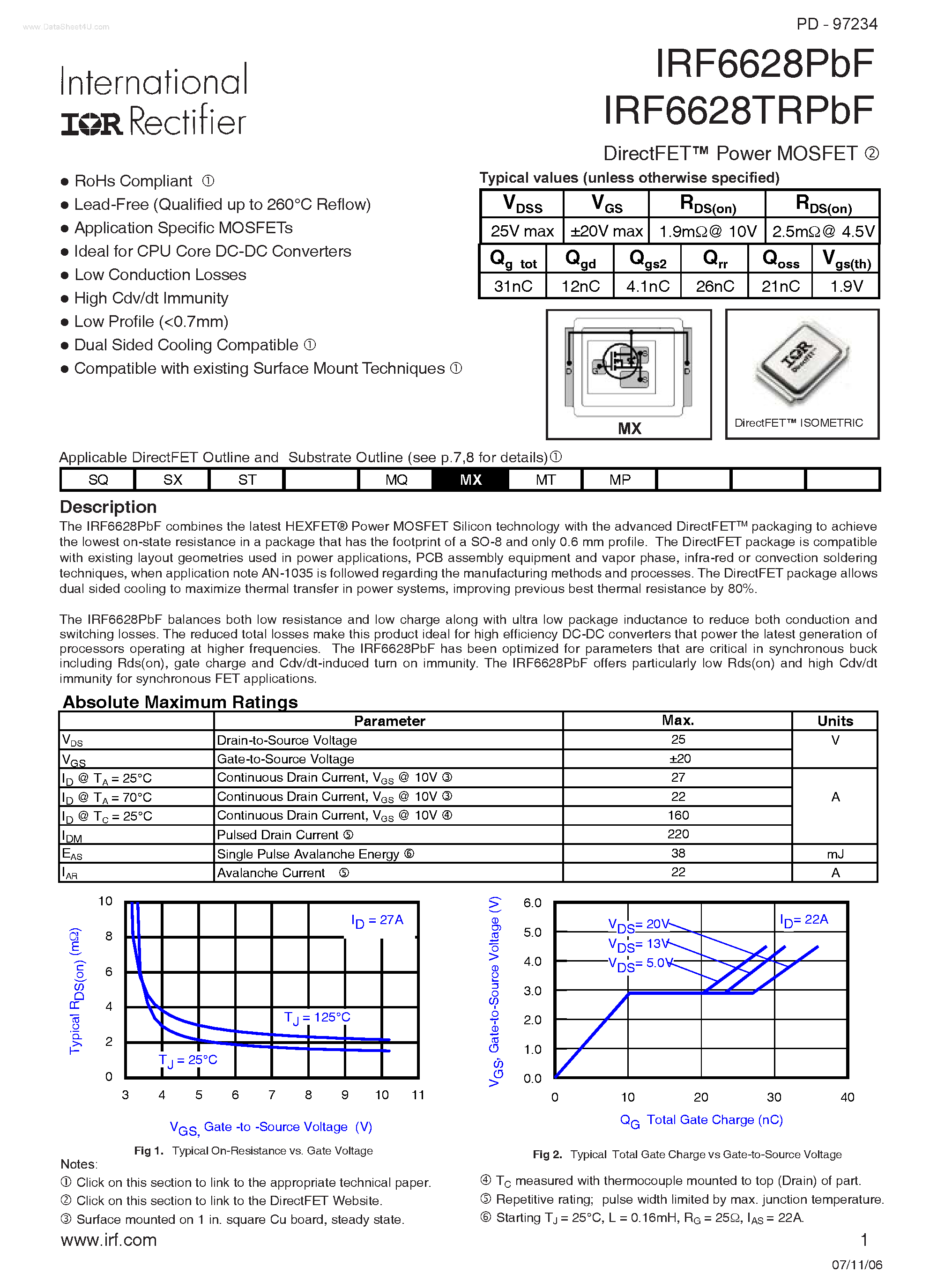 Datasheet IRF6628PBF - DirectFET Power MOSFET page 1