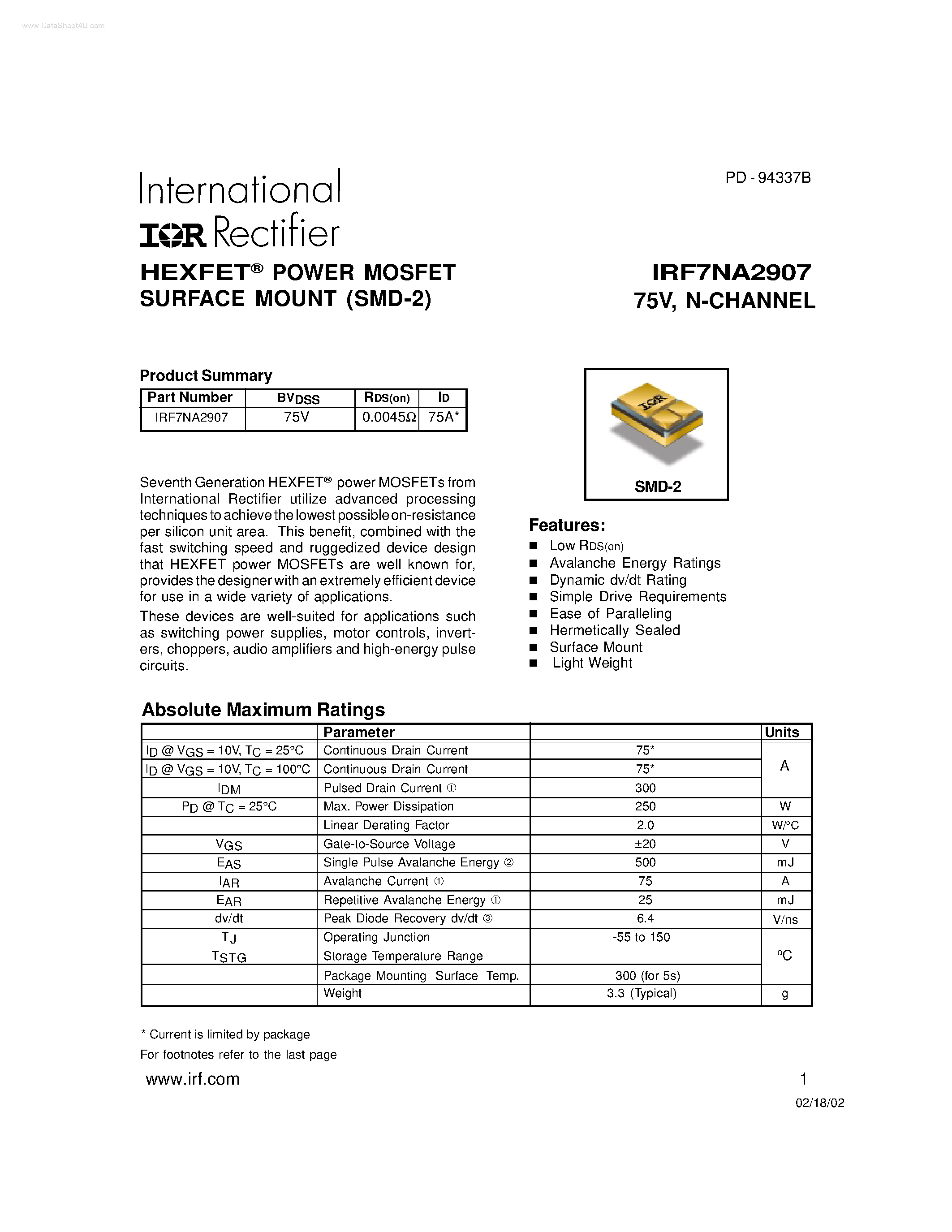 Datasheet IRF7NA2907 - HEXFET POWER MOSFET SURFACE MOUNT page 1