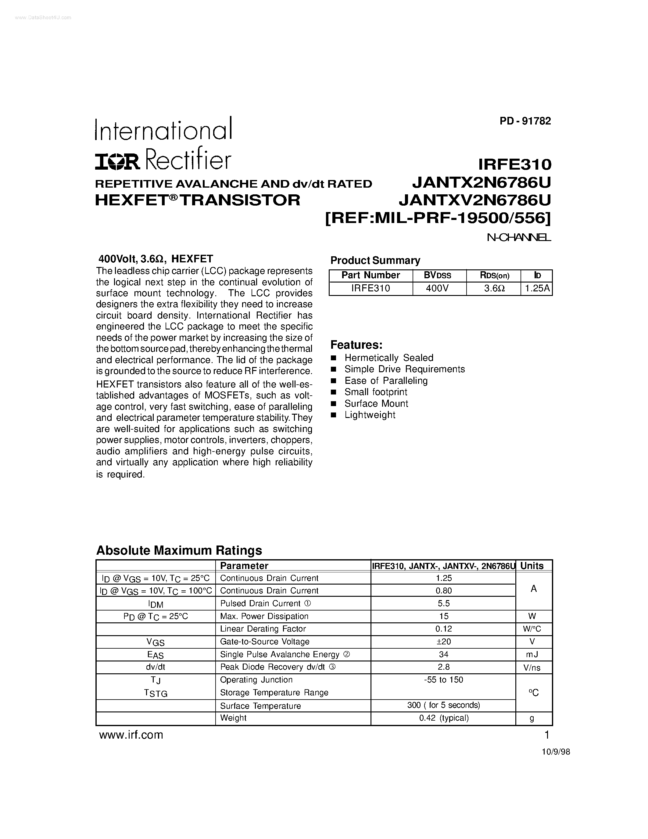 Datasheet IRFE310 - HEXFET TRANSISTOR page 1
