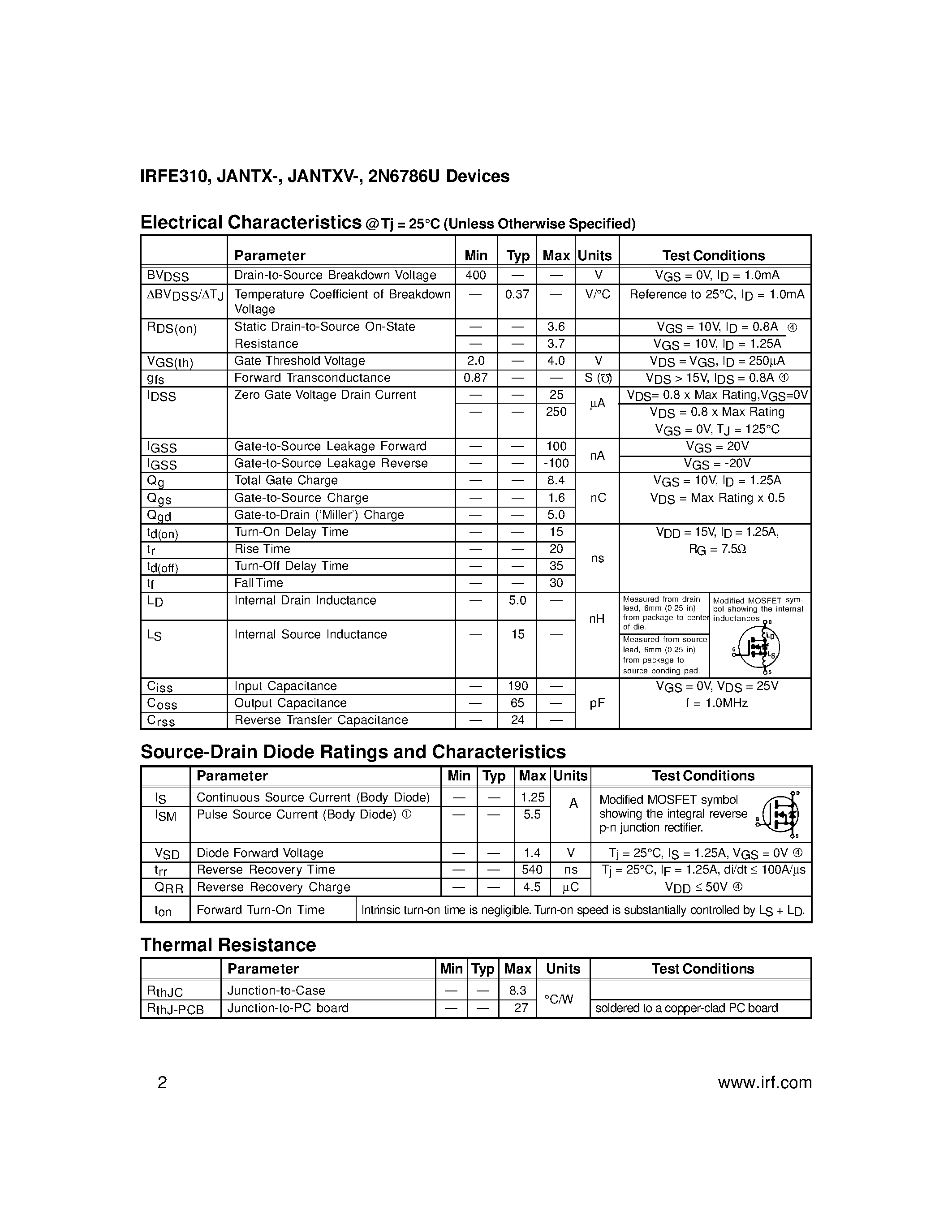 Datasheet IRFE310 - HEXFET TRANSISTOR page 2
