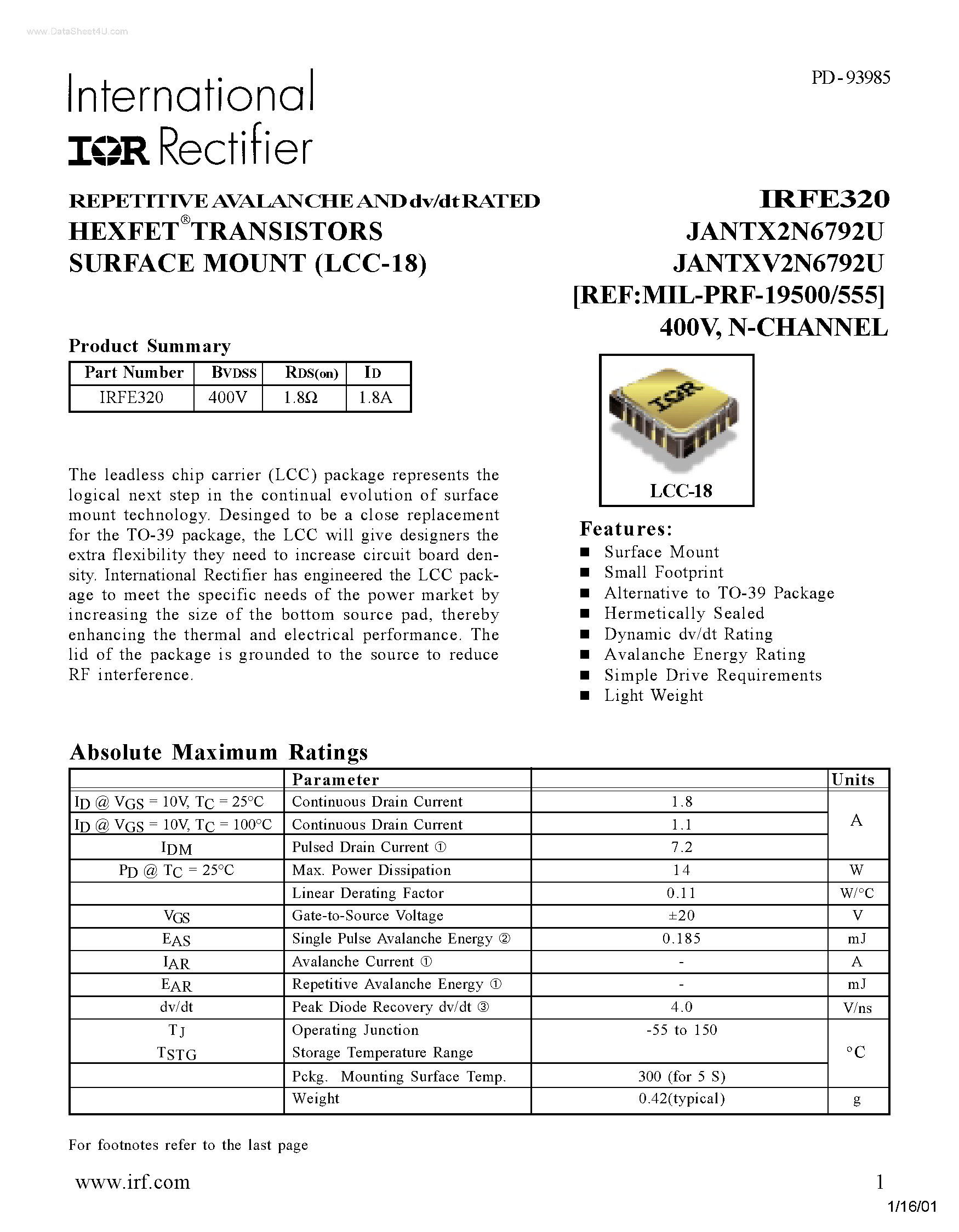 Datasheet IRFE320 - REPETITIVE AVALANCHE AND dv/dt RATED HEXFET TRANSISTORS SURFACE MOUNT page 1