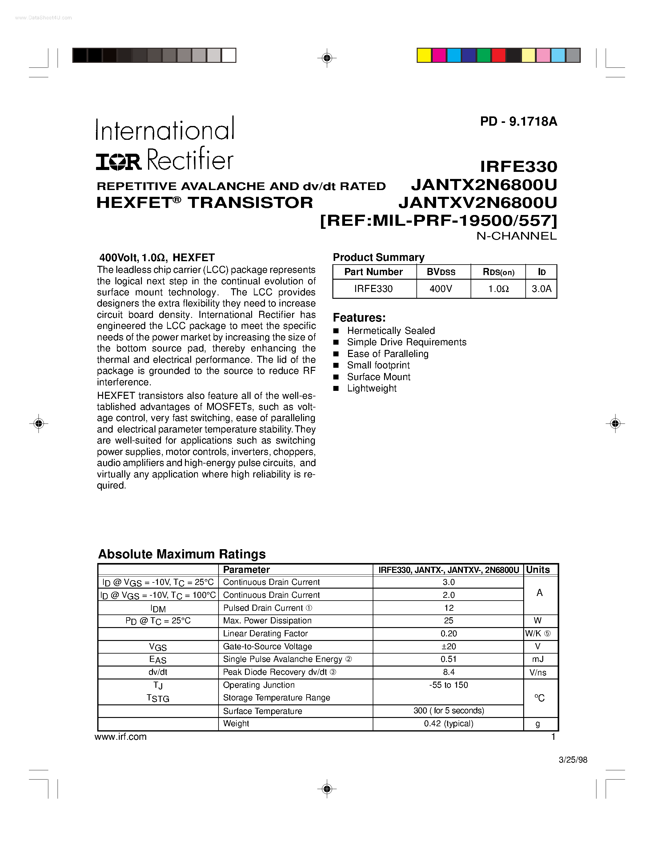 Datasheet IRFE330 - REPETITIVE AVALANCHE AND dv/dt RATED page 1