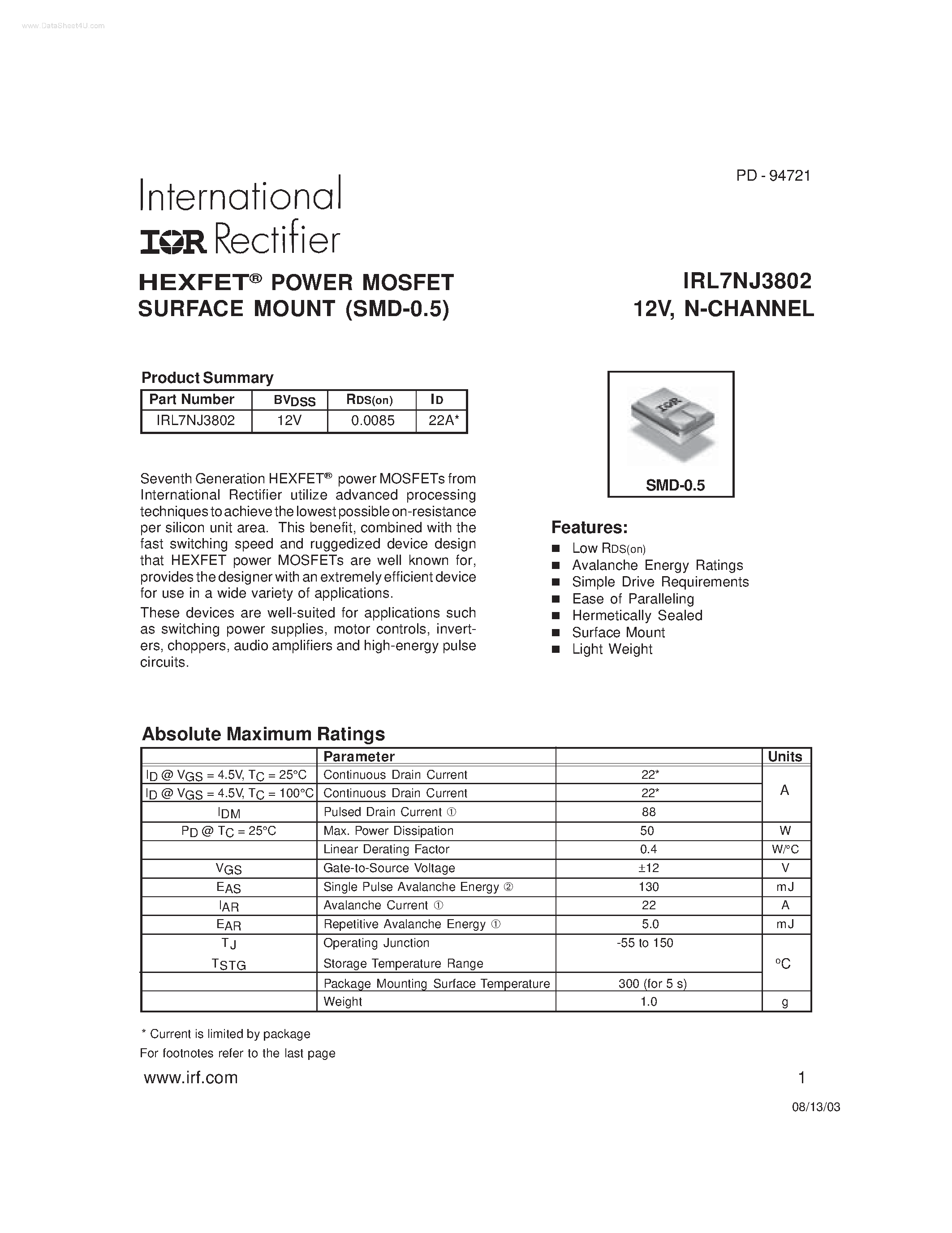 Datasheet IRL7NJ3802 page 1 Datasheet IRL7NJ3802 - HEXFET POWER MOSFET SURFACE MOUNT page 1