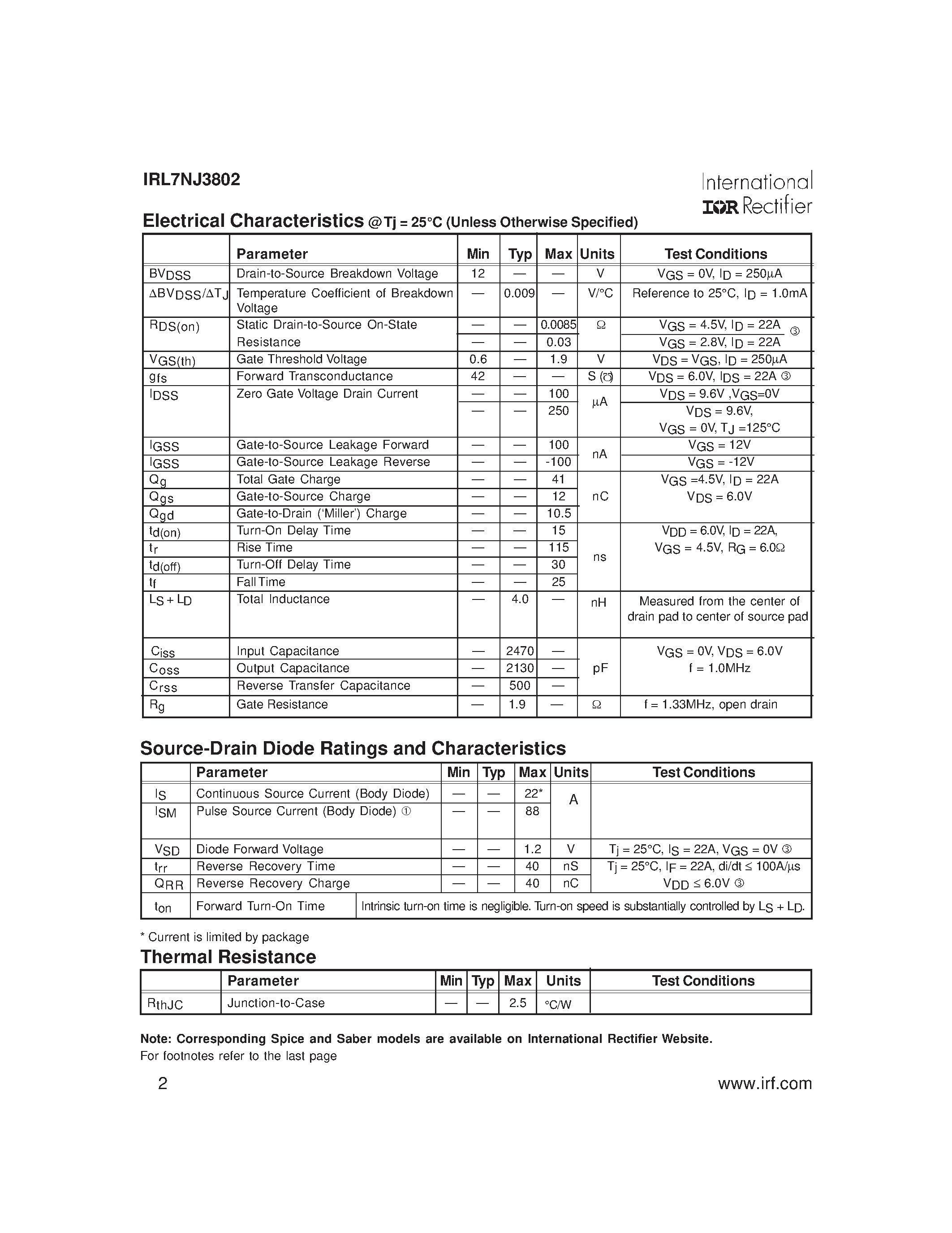 Datasheet IRL7NJ3802 page 2 Datasheet IRL7NJ3802 - HEXFET POWER MOSFET SURFACE MOUNT page 2