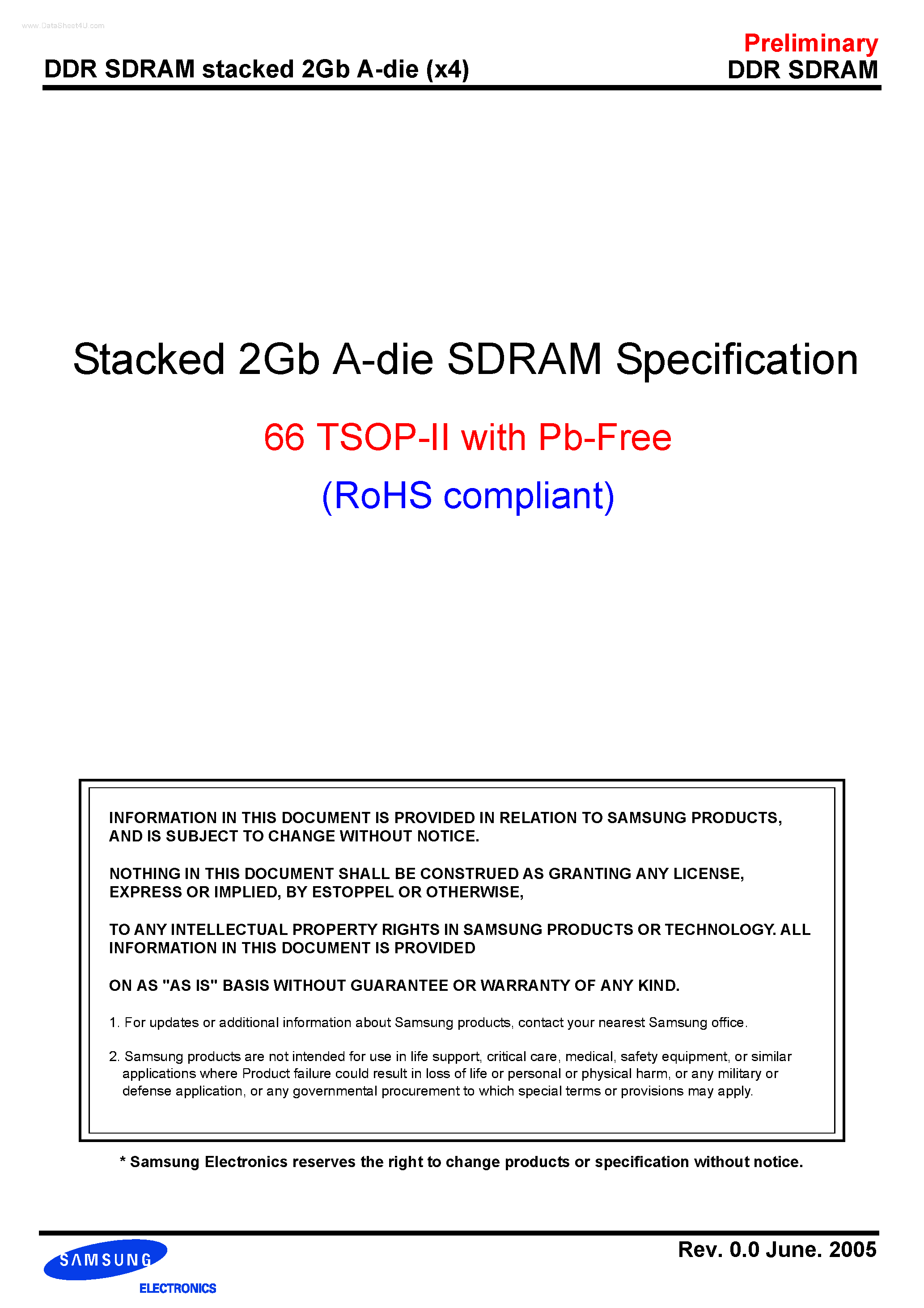 Datasheet K4H2G0638A page 1 Datasheet K4H2G0638A - Stacked 2Gb A-die SDRAM Specification page 1