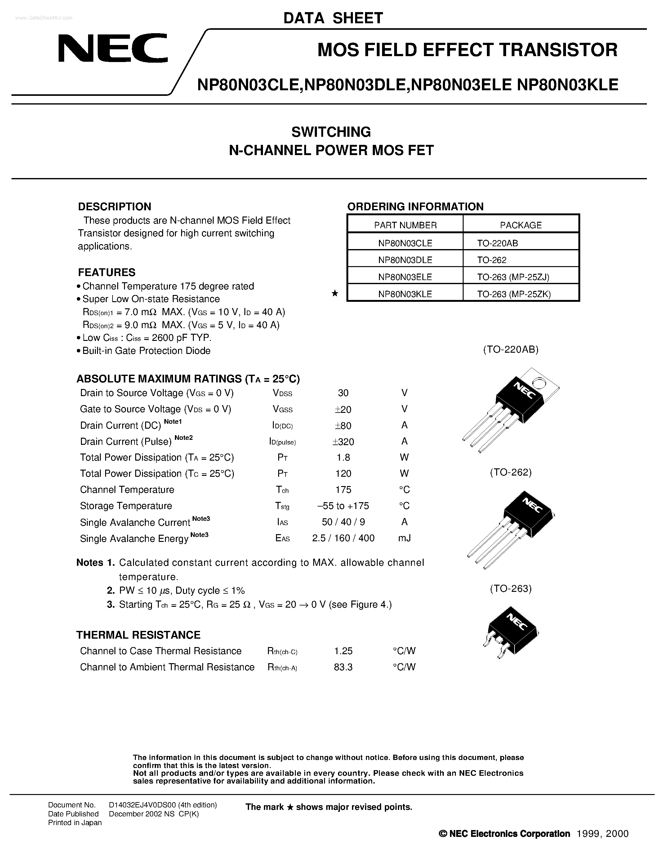 Datasheet NP80N03CLE - SWITCHING N-CHANNEL POWER MOS FET page 1
