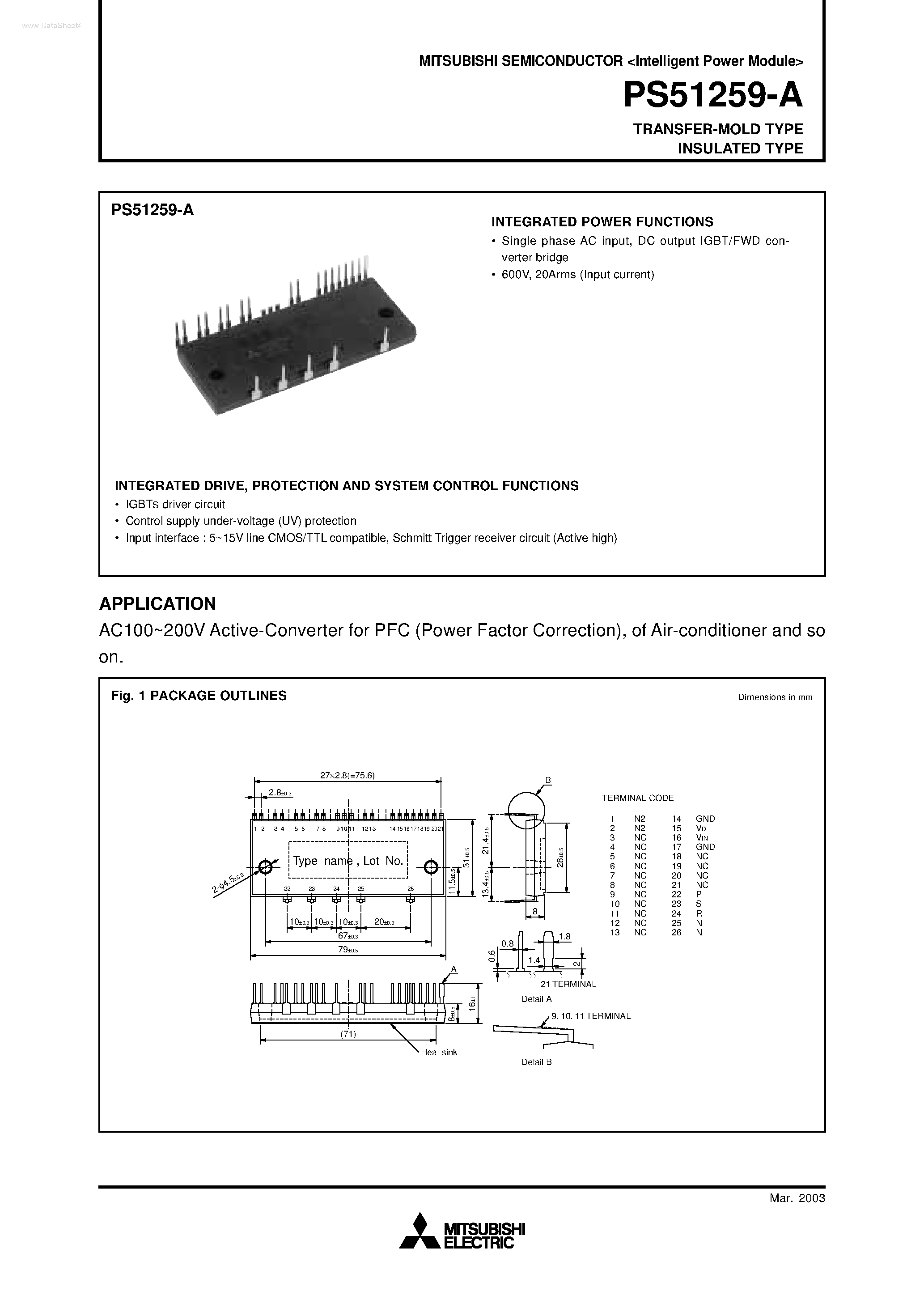 Datasheet PS51259-A - TRANSFER-MOLD TYPE INSULATED TYPE page 1
