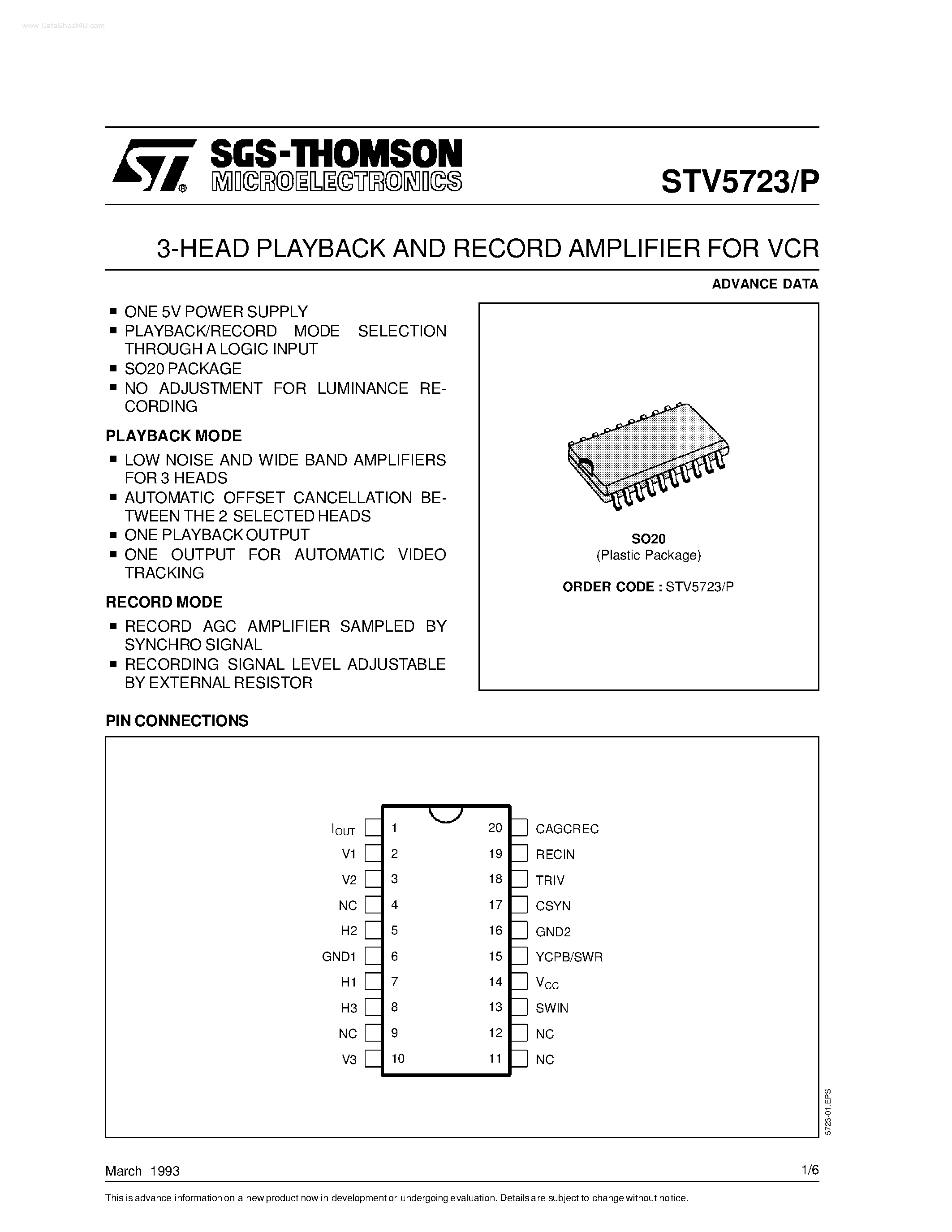 Datasheet STV5723 - 3-HEAD PLAYBACK AND RECORD AMPLIFIER page 1