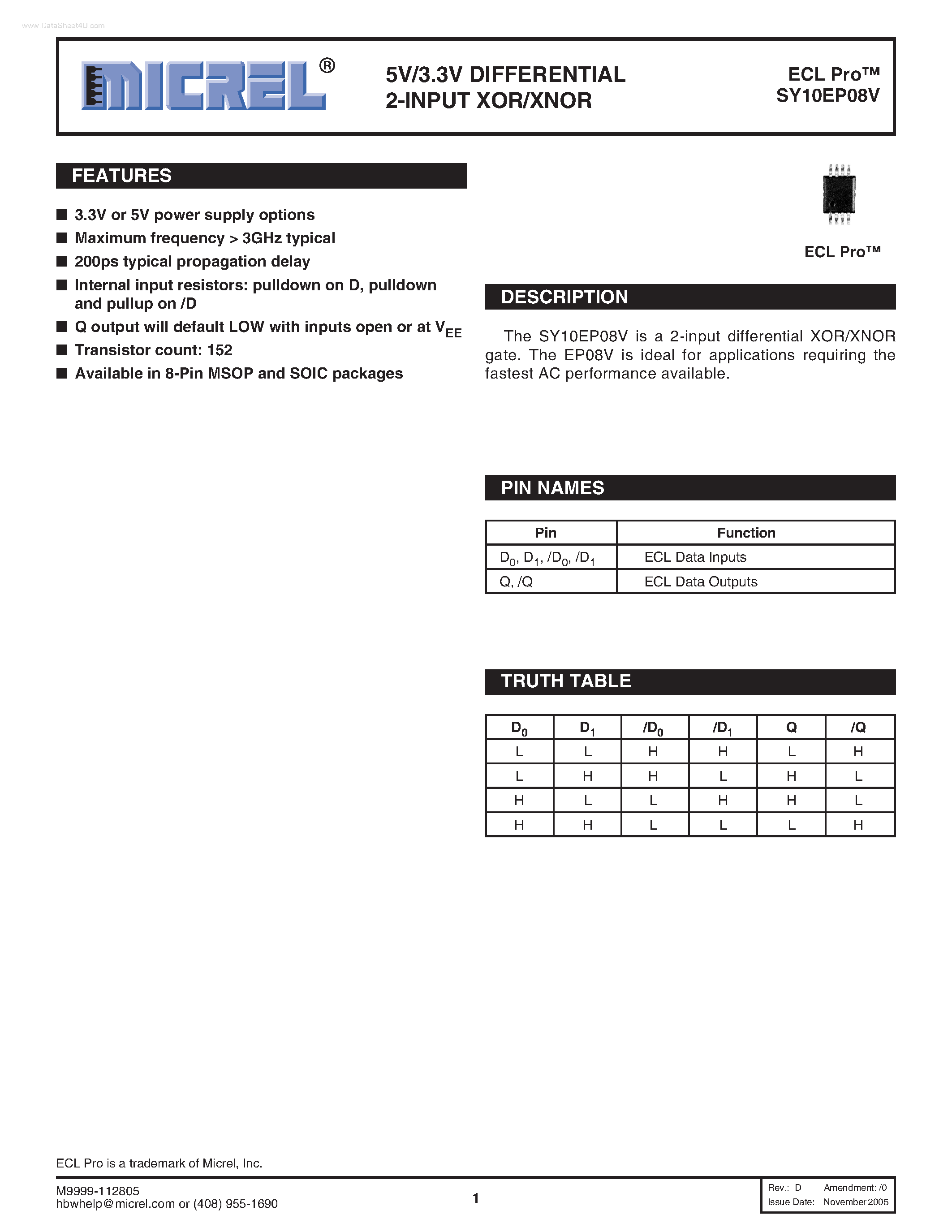 Datasheet SY10EP08V - DIFFERENTIAL 2-INPUT XOR/XNOR page 1