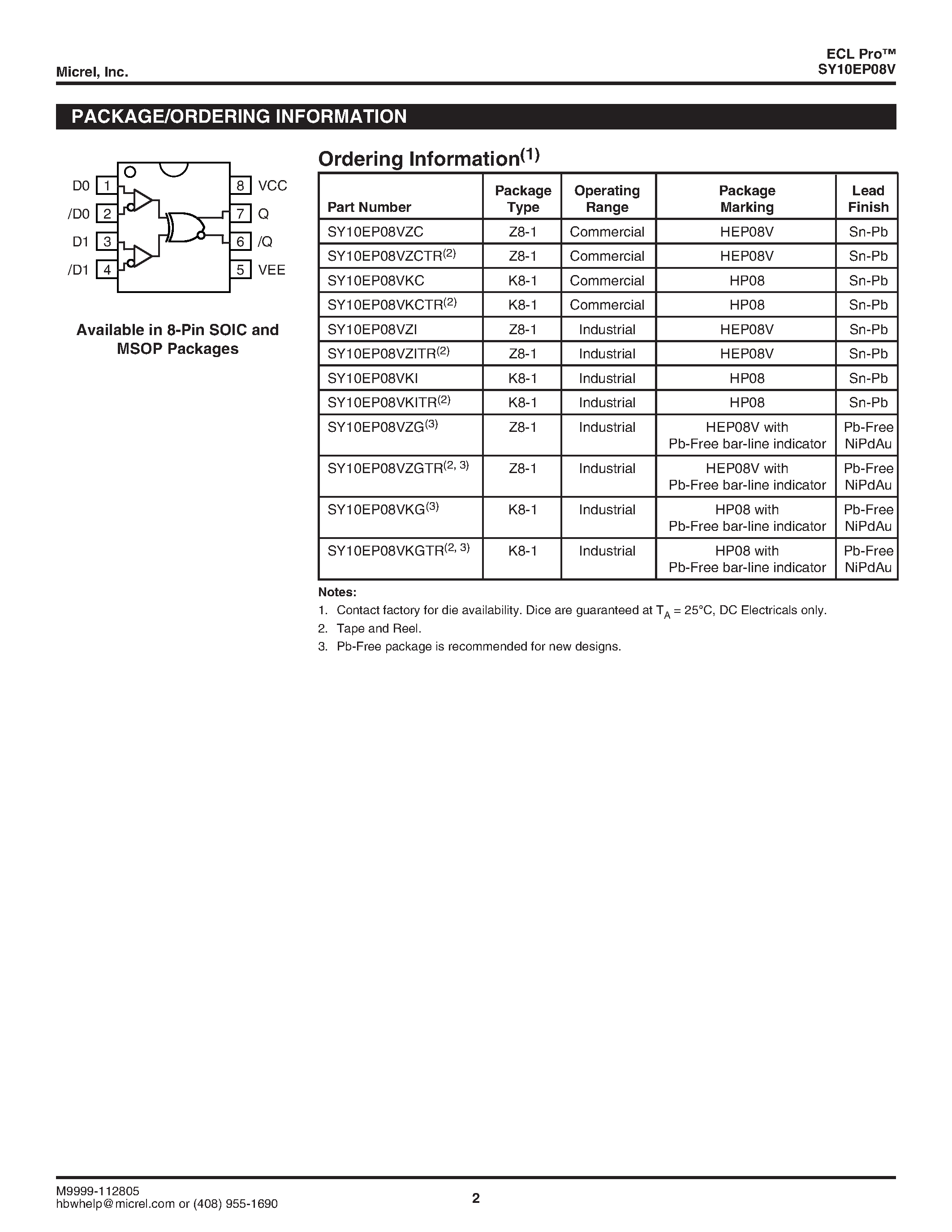Datasheet SY10EP08V - DIFFERENTIAL 2-INPUT XOR/XNOR page 2