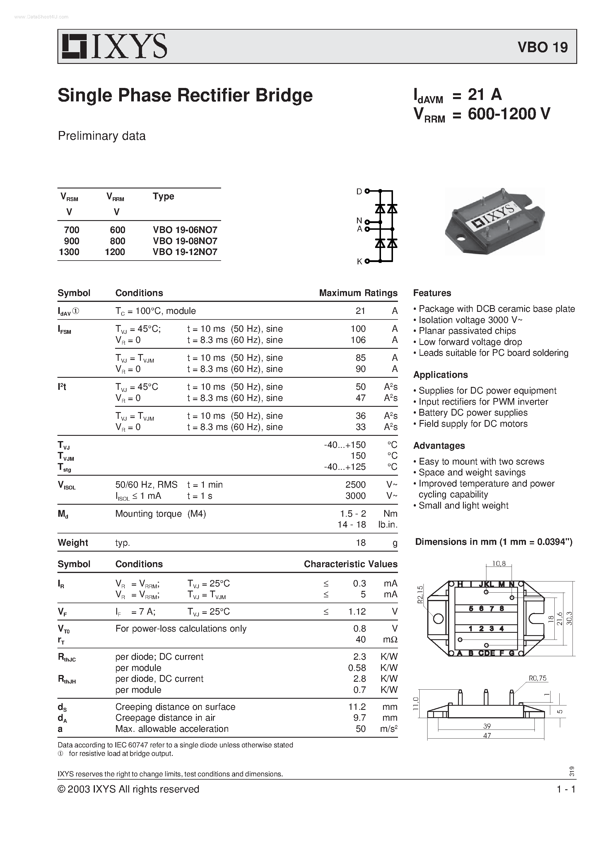 Datasheet VBO19 page 1 Datasheet VBO19 - Single Phase Rectifier Bridge page 1