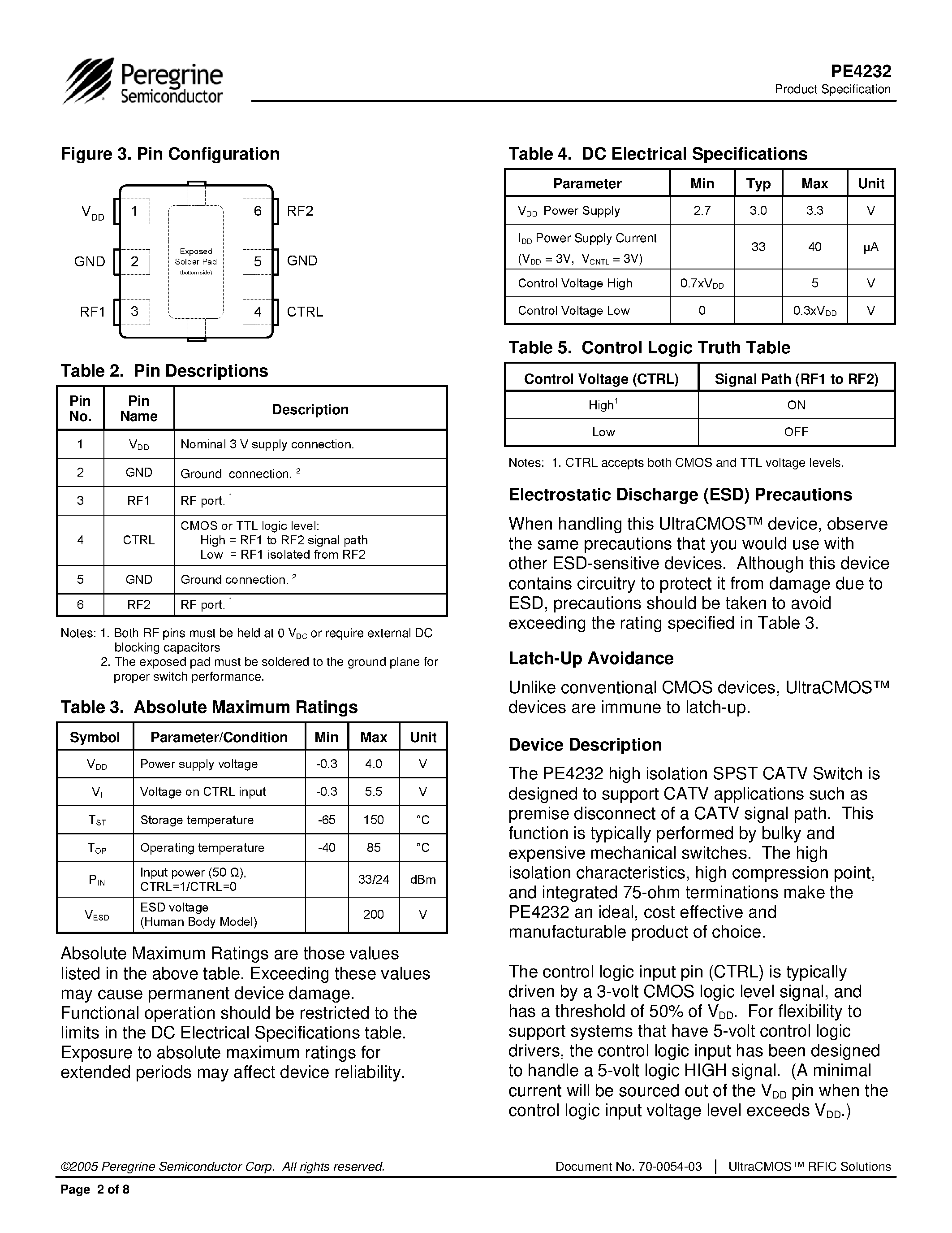 Datasheet PE4232 page 2 Datasheet PE4232 - SPST CATV UltraCMOS Switch page 2