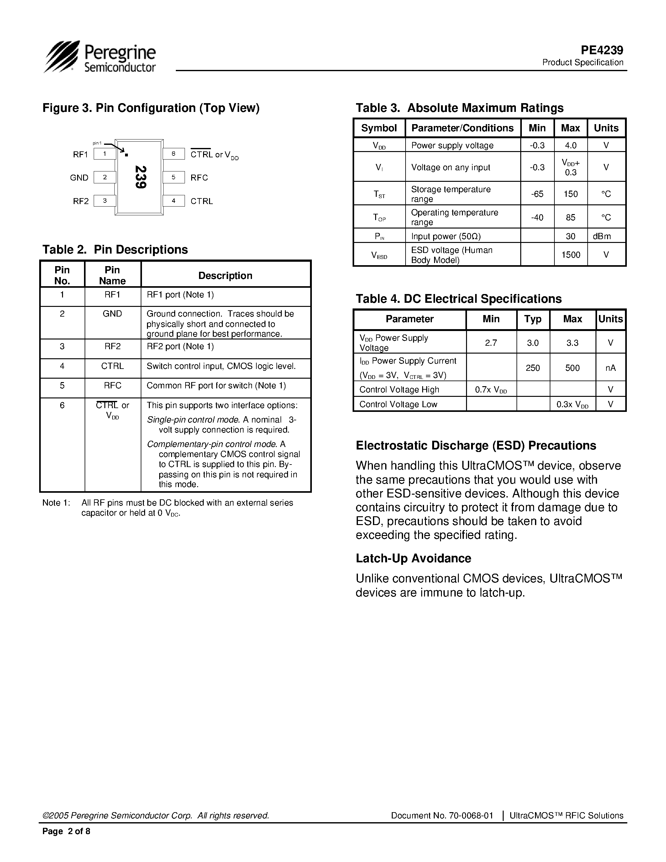 Datasheet PE4239 page 2 Datasheet PE4239 - SPDT UltraCMOS RF Switch page 2