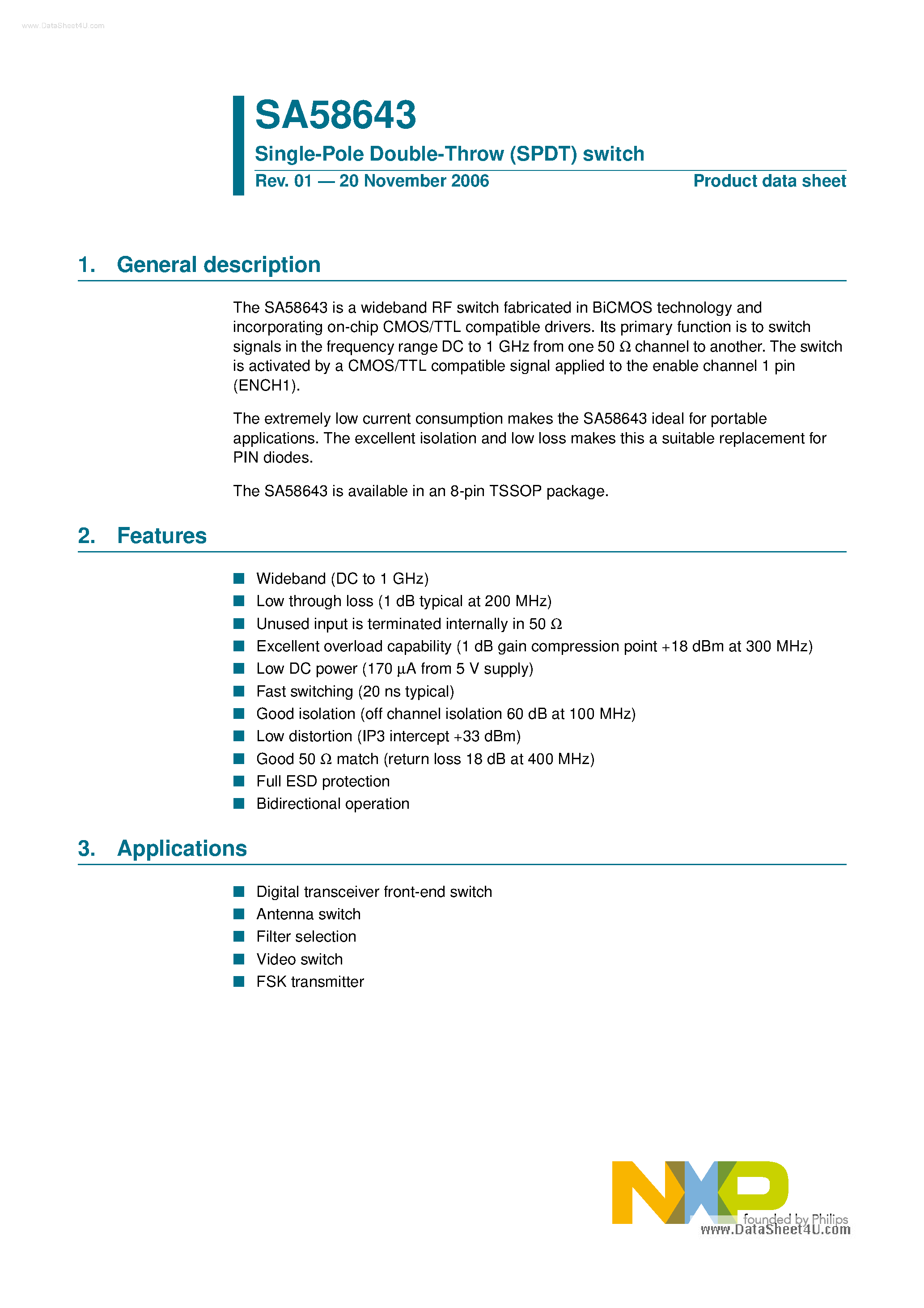 Datasheet SA58643 page 1 Datasheet SA58643 - Single Pole Double Throw Switch page 1