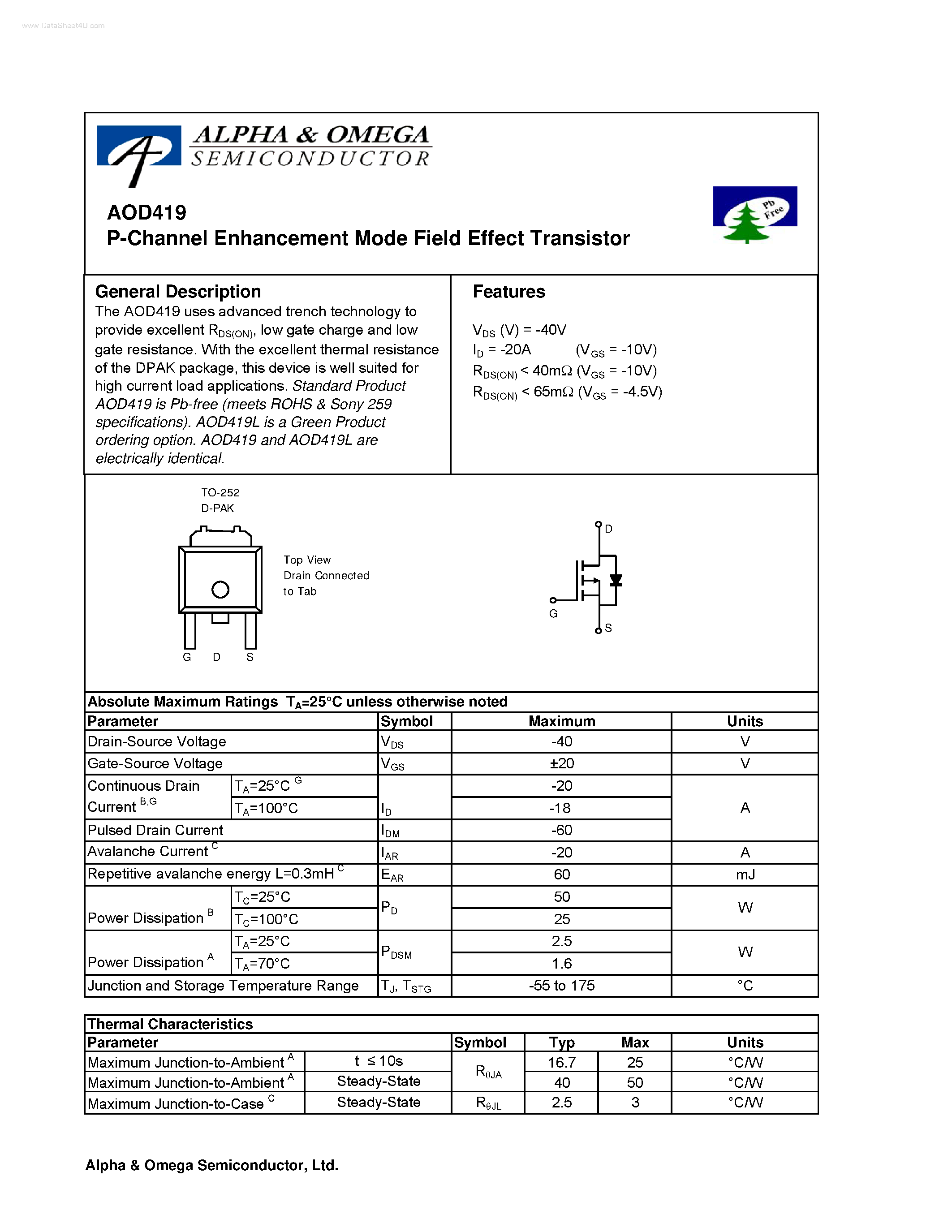 Datasheet AOD419 - P-Channel Enhancement Mode Field Effect Transistor page 1