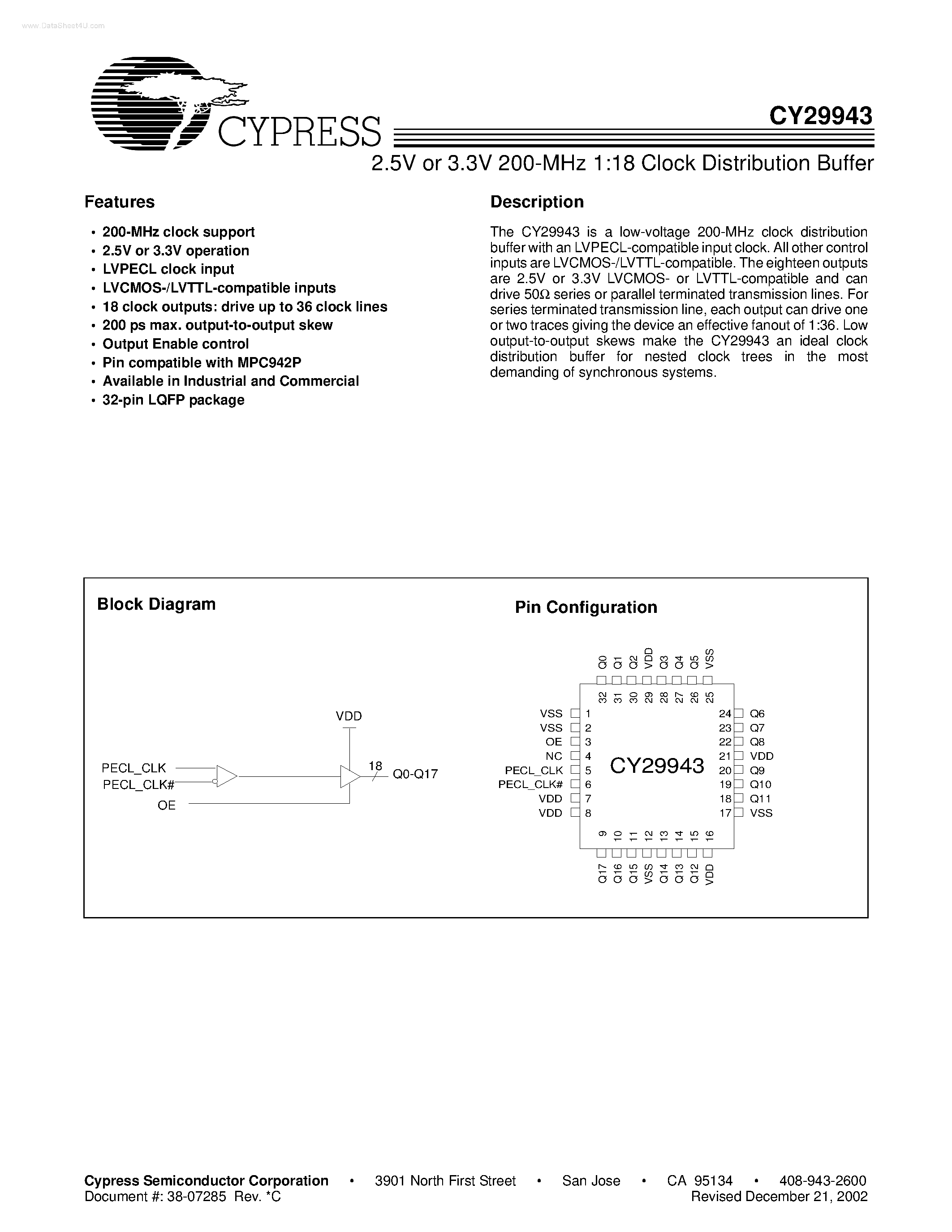 Даташит на микросхему CY29943 страница 1 Даташит CY29943 - 1:18 Clock Distribution Buffer страница 1