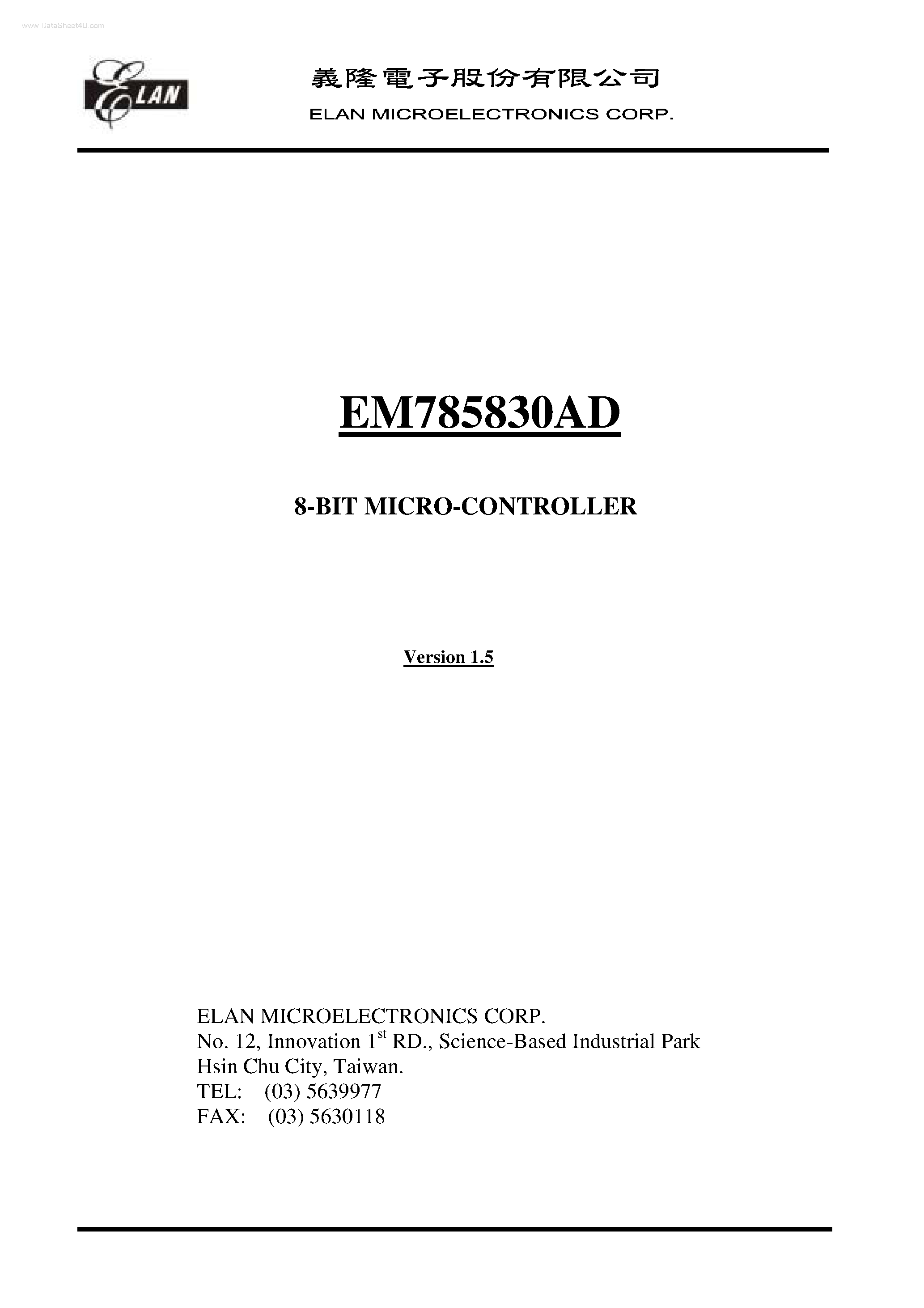 Даташит на микросхему EM785830AD страница 1 Даташит EM785830AD - 8-BIT MICRO-CONTROLLER страница 1