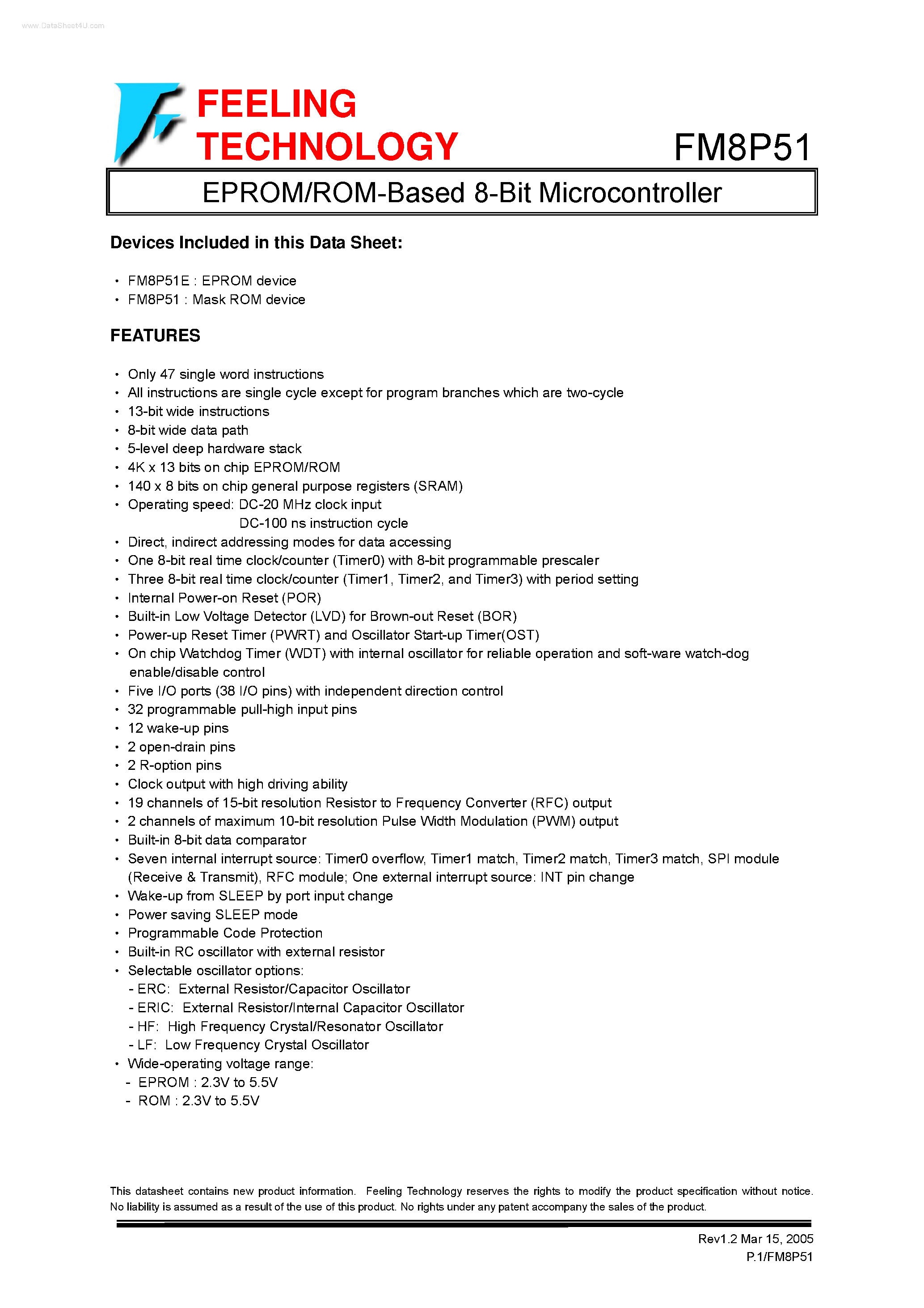 Datasheet FM8P51 - EPROM/ROM-Based 8-Bit Microcontroller page 1
