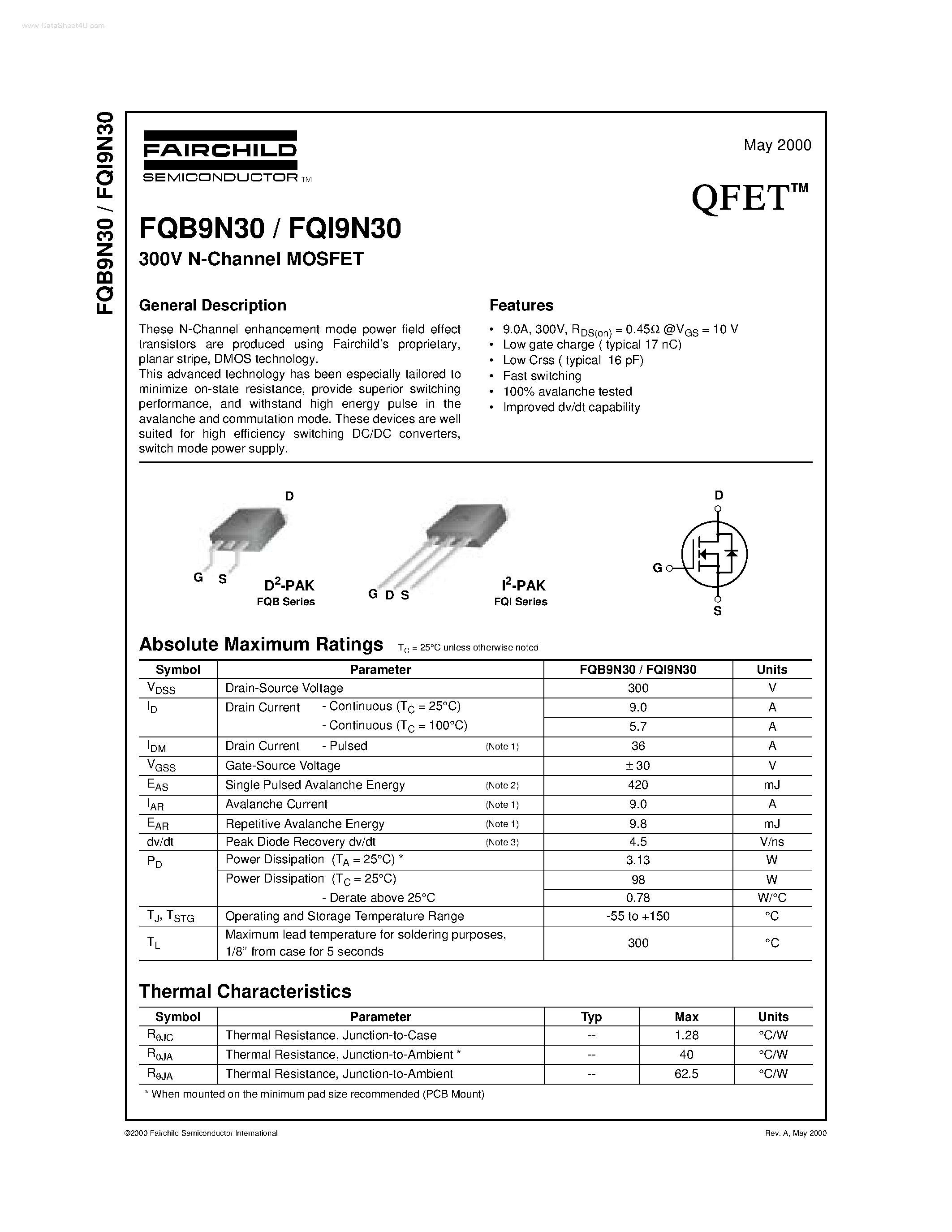 Datasheet FQI9N30 - N-Channel MOSFET page 1