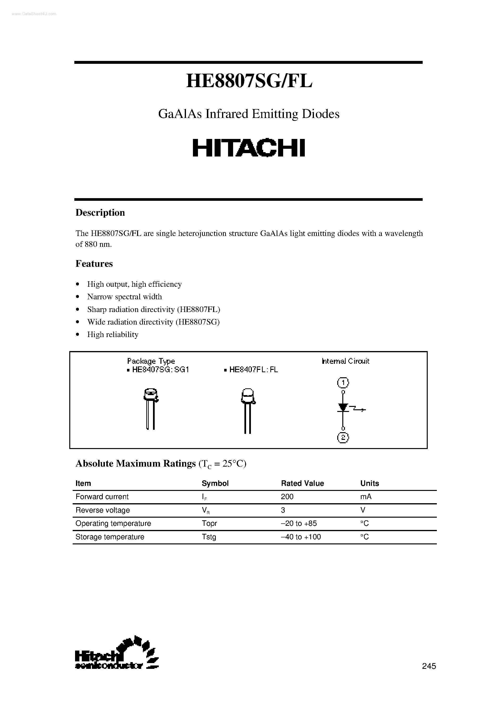 Даташит HE8807FL - (HE8807FL/SG) GaAlAs Infrared Emitting Diodes страница 1