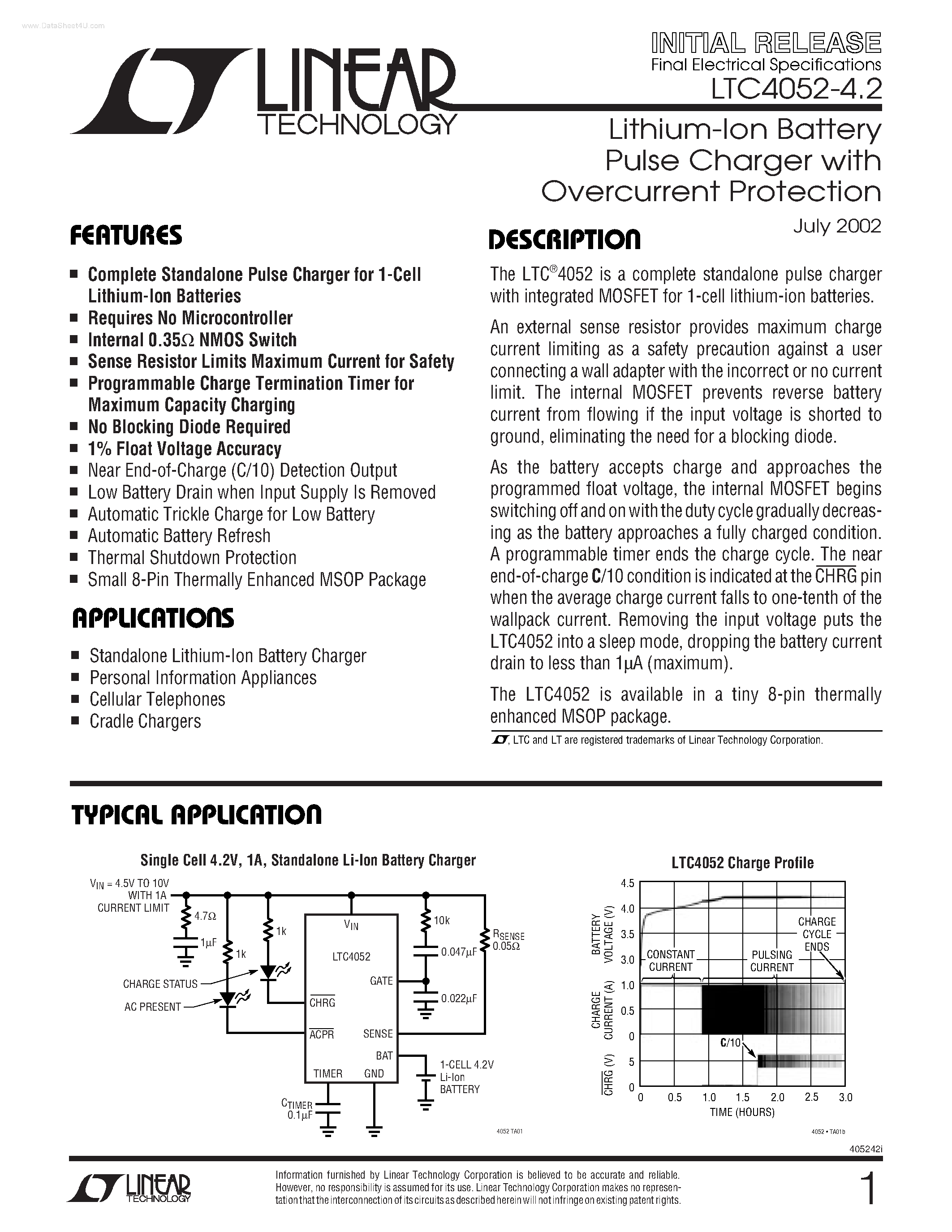 Datasheet LTC4052-4.2 page 1 Datasheet LTC4052-4.2 - Lithium-Ion Battery Pulse Charger page 1