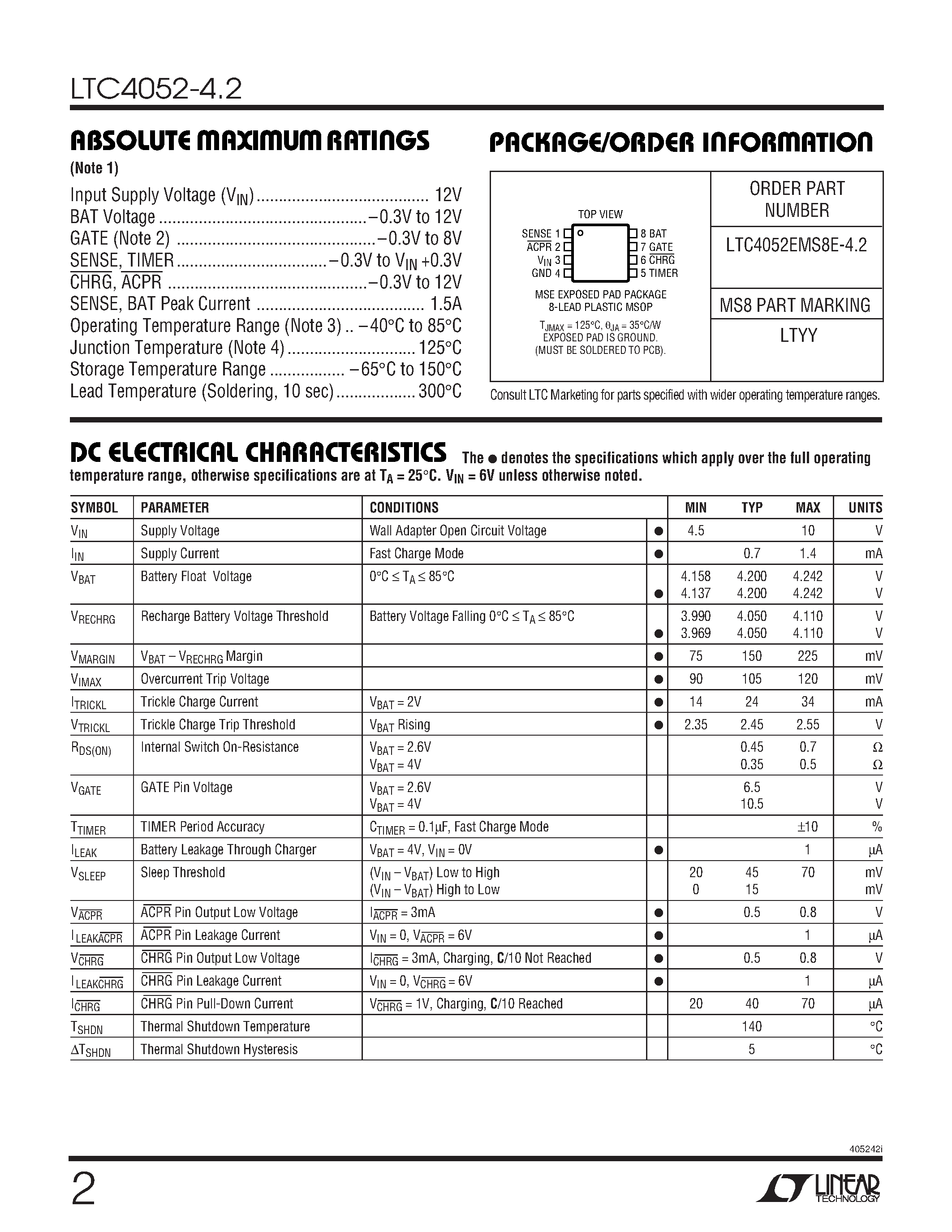 Datasheet LTC4052-4.2 page 2 Datasheet LTC4052-4.2 - Lithium-Ion Battery Pulse Charger page 2